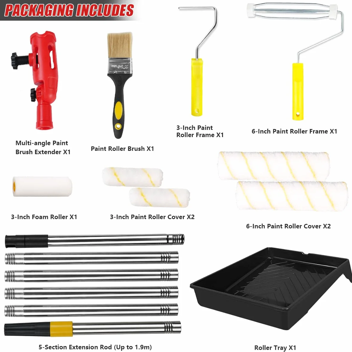 Kit Completo de Rodillos de Pintura 11 Piezas, Barra Extensible de 1,9m, Bandejas para Pintura, Extensor Multiangular para Paredes, Bordes y Techos