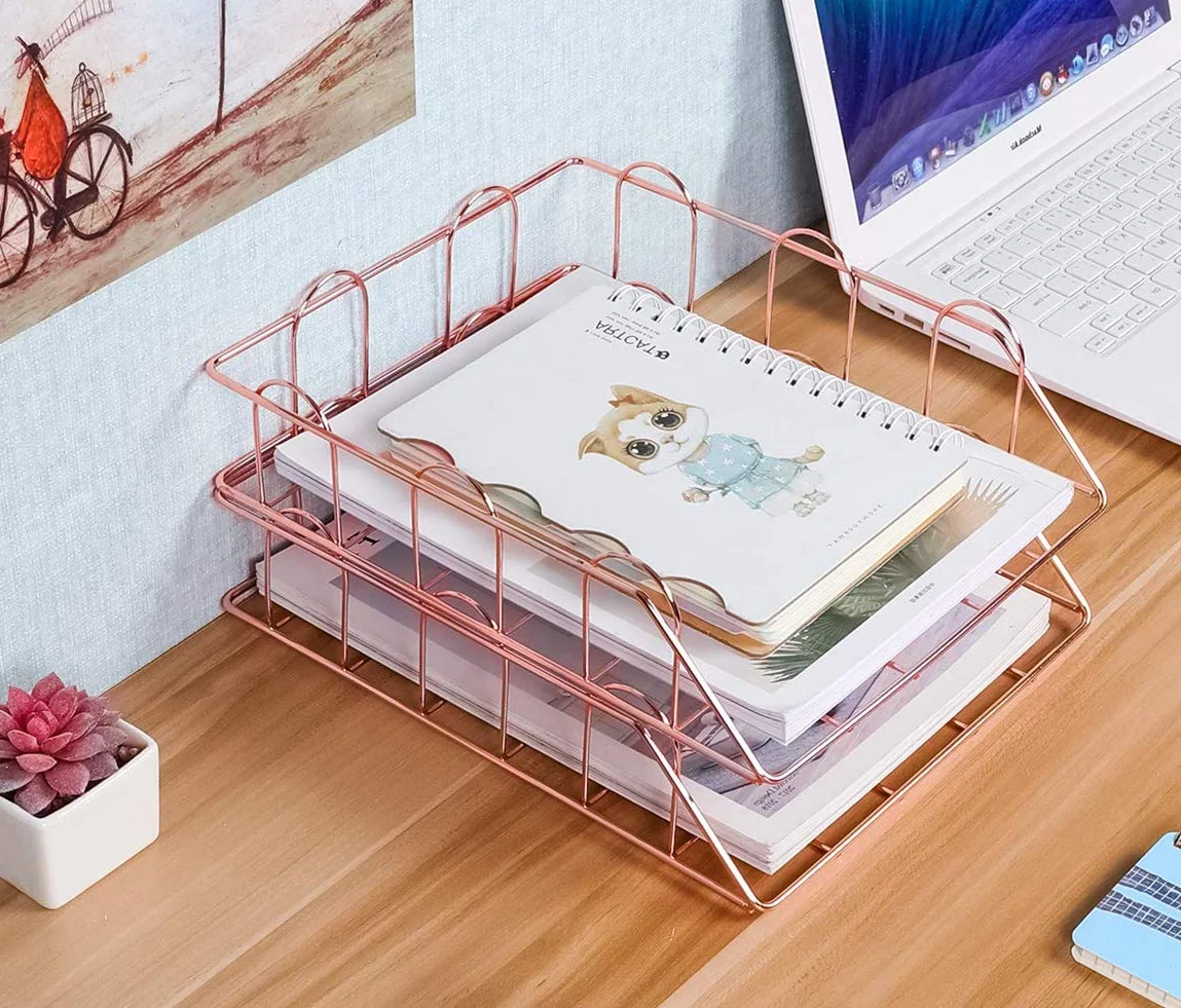 Organizador de Escritorio EasyPAG A4 Metal 2 Niveles Bandejas Apilables Oro Rosa