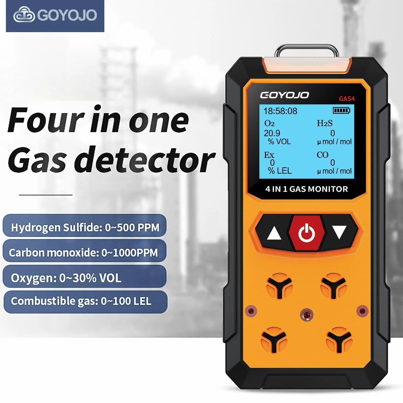 GOYOJO Detector de Fugas de Gas 4en1 (H2S,EX,O2,CO)Monitor de Seguridad Confiable para el Hogar y el Lugar de Trabajo con Detección Precisa, Recargable, Construcción Resistente y Alertas Instantáneas
