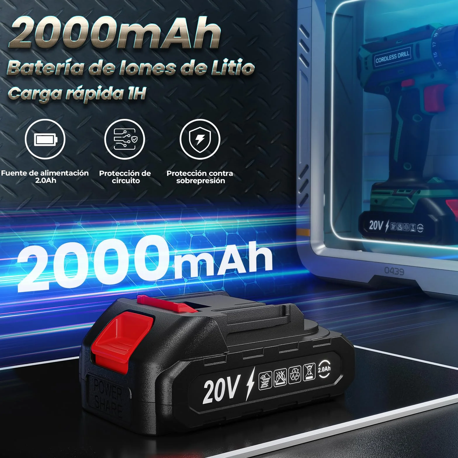 Taladro Atornillador Inalámbrico 20V 42Nm 2 Velocidades 25+1 Niveles Par Portabrocas 10mm 2000mAh