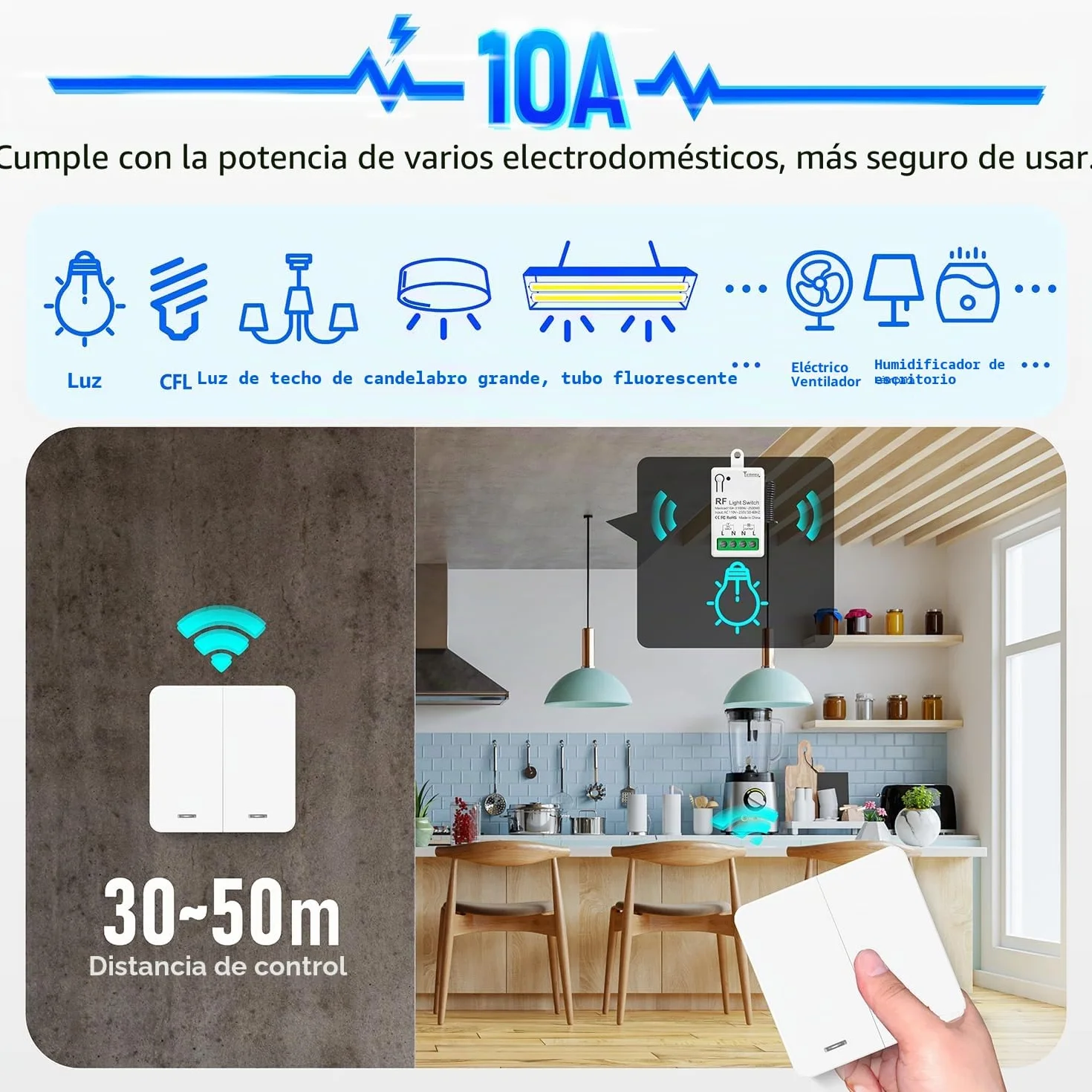 DieseRC Interruptor de Luz Inalámbrico, Interruptor Transmisor RF Para Panel Mural de 86 y Controlador Receptor de Relé de 10 A, para Luces de Hasta 1500 W