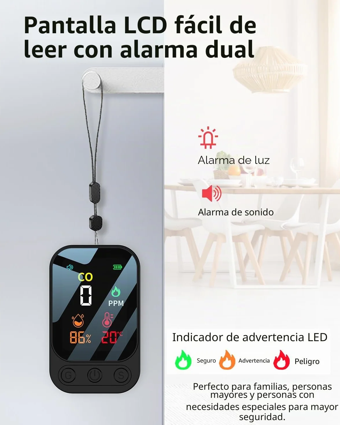 Detector de monóxido de carbono portátil 3 en 1, detector de monóxido de carbono recargable con indicador de temperatura y humedad, portátil para el hogar, caravana, camping, negro (negro)