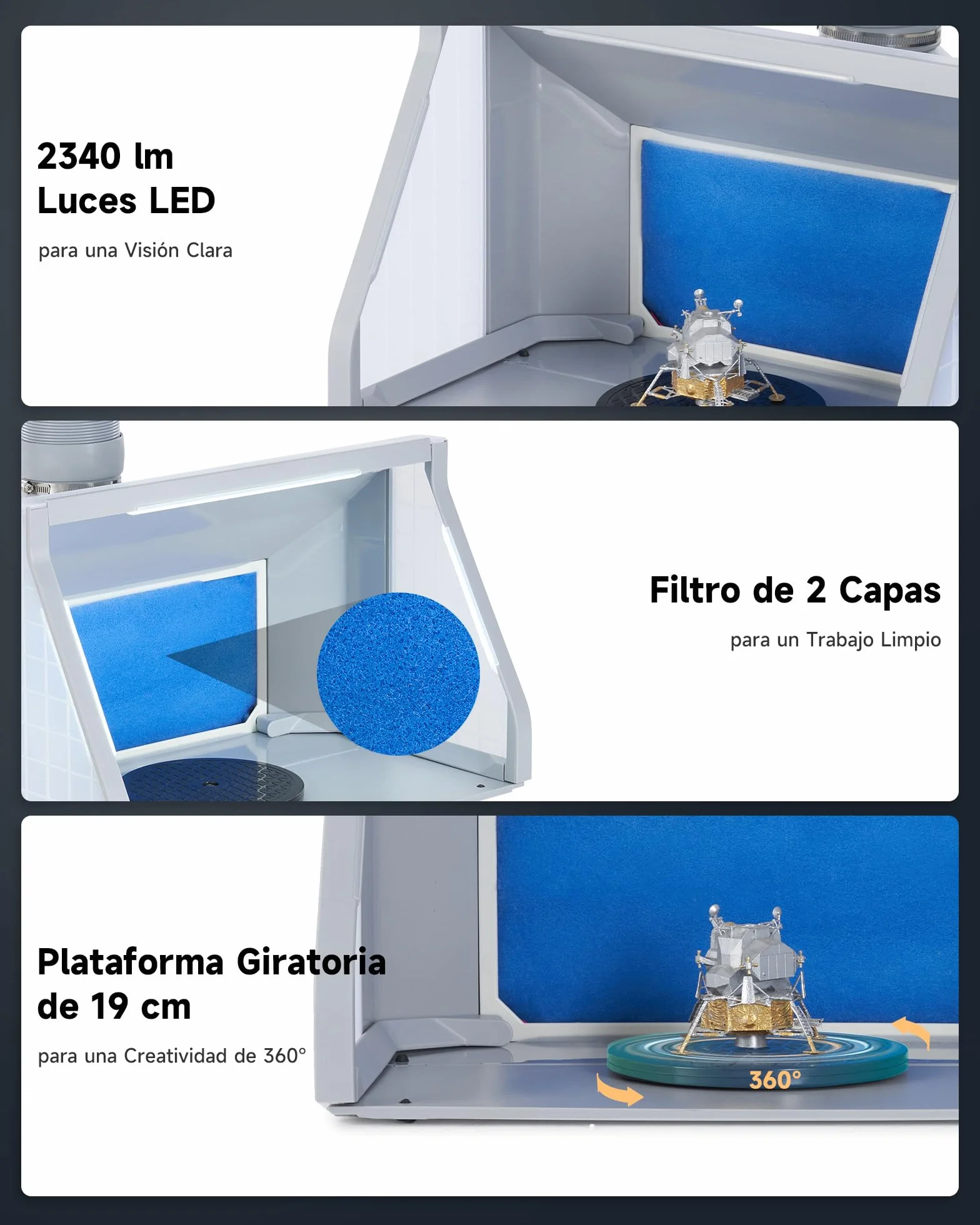VONLUCE Cabina de Pintura Plegable con Aerógrafo Profesional, Ventilación Ajustable 4m³/min, 3 Luces LED, Plato Giratorio 19 cm Manguera 1,4 m para Modelos y DIY