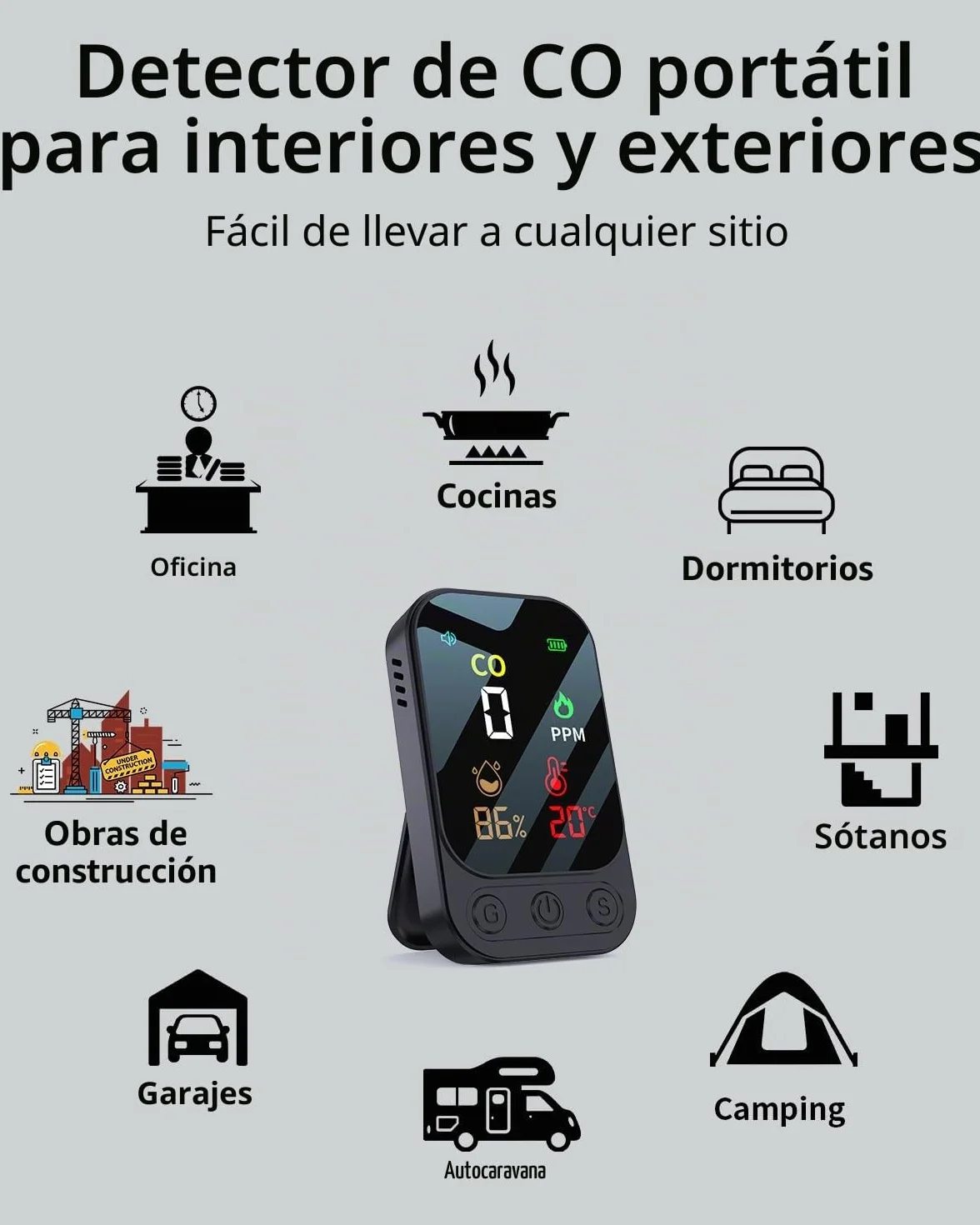 Detector de monóxido de carbono portátil 3 en 1, detector de monóxido de carbono recargable con indicador de temperatura y humedad, portátil para el hogar, caravana, camping, negro (negro)