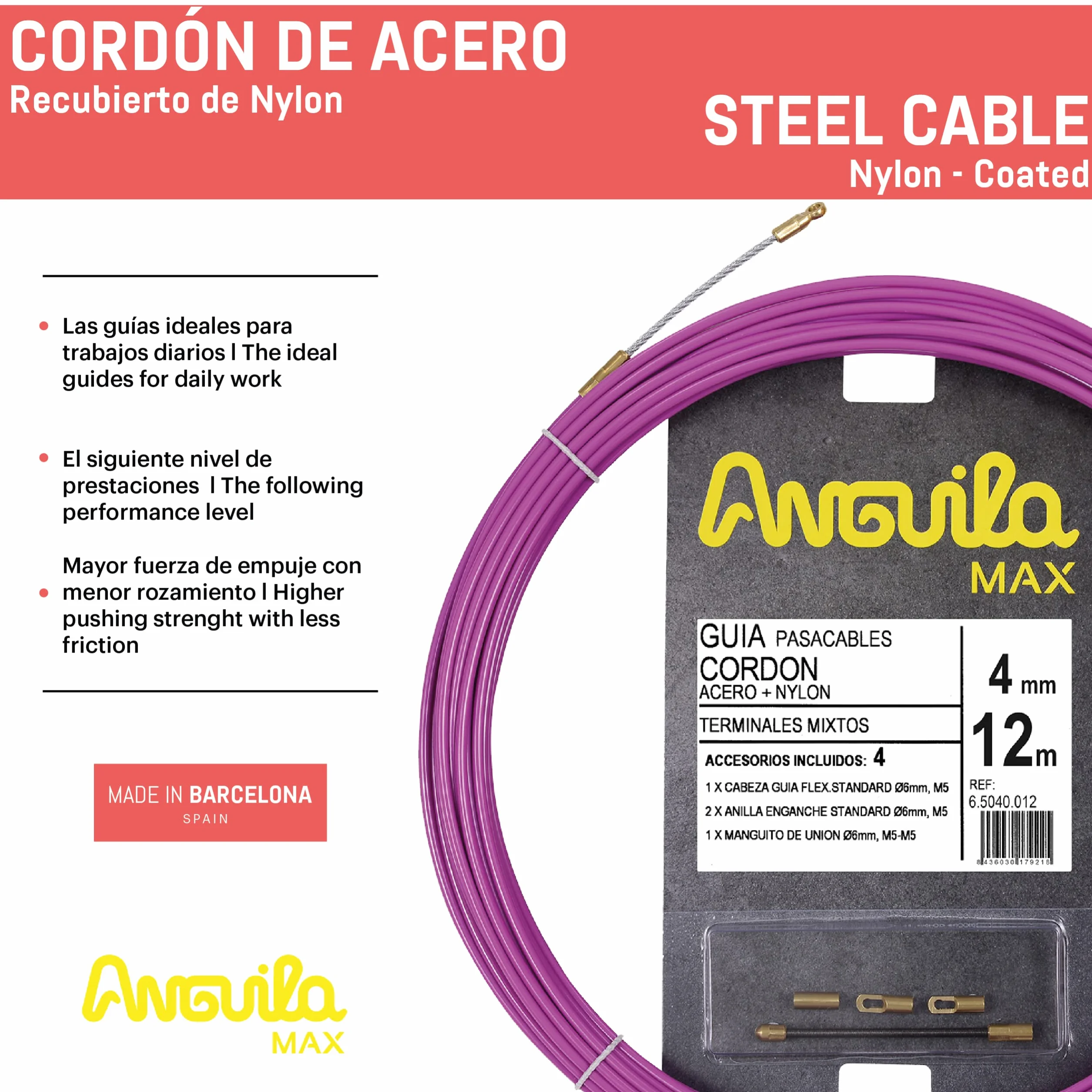 Anguila Max | Guía Pasacables | Terminales Mixtos | Acero + Nylon | Color Púrpura | Diámetro 4mm | 12 metros