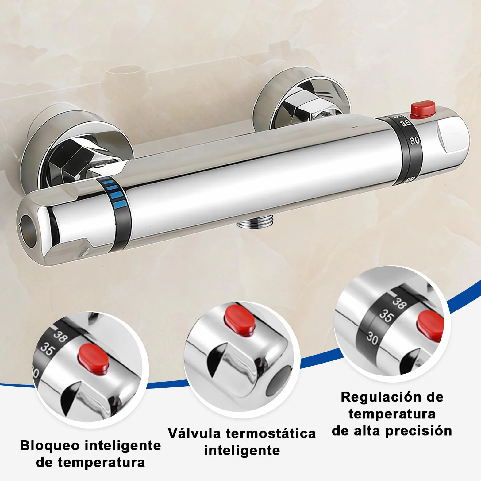 Grifo Ducha Termostato, Salida de Válvula G1/2 ", Mezclador Termostatico de Ducha de Sobrepared, Mezclador de Ducha de Latón con Bloqueo de Seguridad a 38 °C, Adecuado para baño, Cocina, Ducha