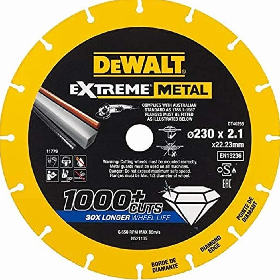 DEWALT DT40255-QZ DT40255-QZ-Disco de Corte con Borde diamantado Extreme Metal 230x2.1x22.3 mm, Amarillo/Negro