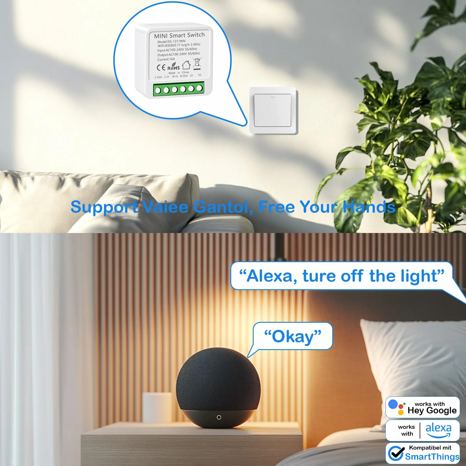 Interruptor WIFI, Interruptor Inteligente WIFI, Mini Smart Switch WIFI Compatible con Alexa,Tuya y Smart Life, Max 16A, 2.4GHz Interruptor Alexa