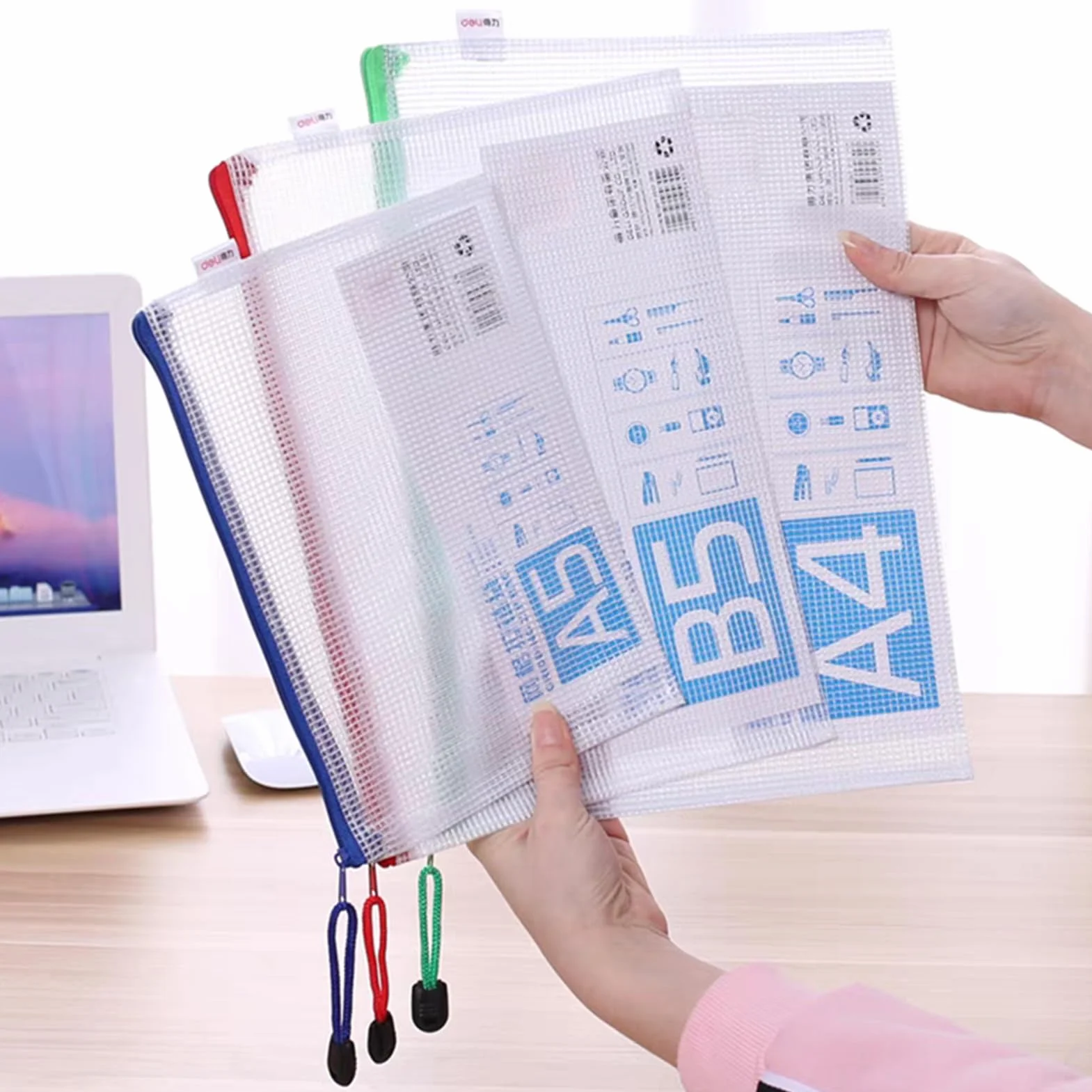 Bolsas de plástico con cremallera de malla para documentos, 6 tamaños