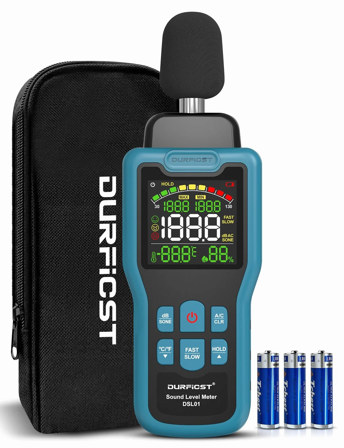 Sonometro, DURFICST Medidor de Decibelios con Temperatura y Humedad, Rango de 30-130 dB, Decibelimetro con Pantalla LCD a Color, Ponderación A/C, Unidad dB/SON, Respuesta RÁPIDA/LENTA, para Doméstico