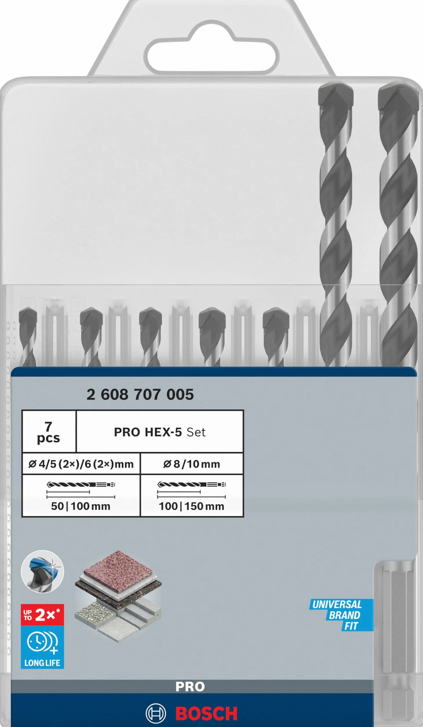 Bosch 7x Sets de brocas PRO HEX-5 (para Piedra dura, Hormigón, Ø 4,0, 5,0, 5,0, 6,0, 6,0, 8,0, 10,0 mm, Professional Accesorios Taladro)