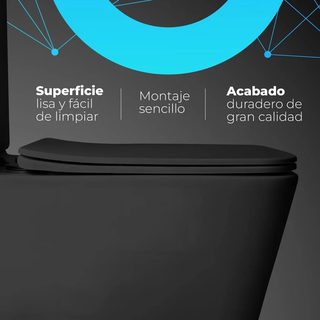 Inodoro Completo - WC Con Sistema Rimless Antibacterias - Vater Baño Con Tapa Dura Extrafina Amortiguada - Salida Dual - Para Hogar Color Negro