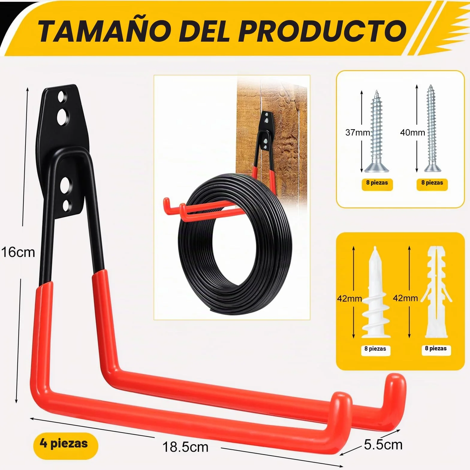 4 Ganchos de Garaje Resistentes para Colgar Herramientas, Ganchos de Almacenamiento para Garaje, Ganchos Garaje para Montaje en pared para Organizar Herramientas de Garaje y Jardín (naranja)