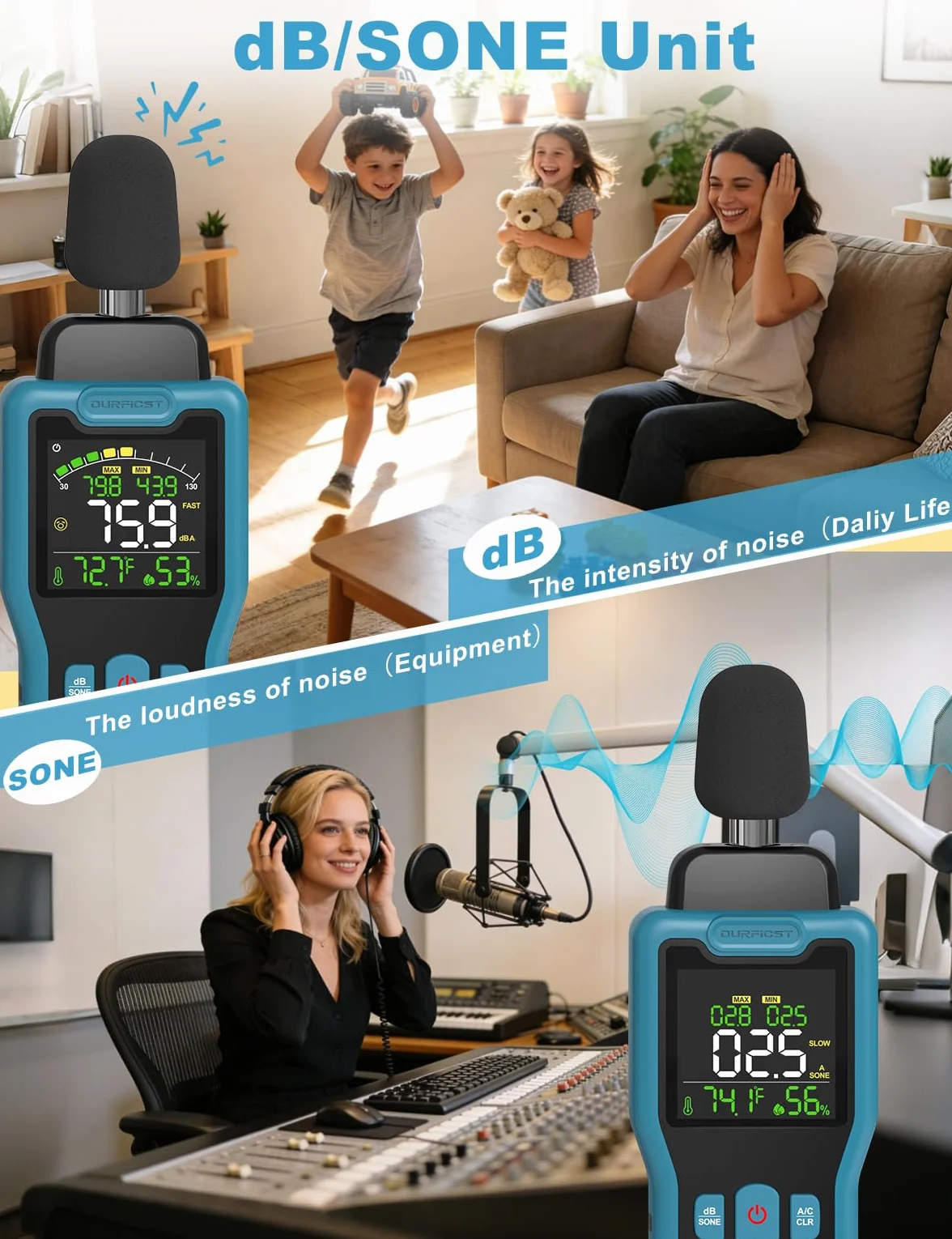 Sonometro, DURFICST Medidor de Decibelios con Temperatura y Humedad, Rango de 30-130 dB, Decibelimetro con Pantalla LCD a Color, Ponderación A/C, Unidad dB/SON, Respuesta RÁPIDA/LENTA, para Doméstico