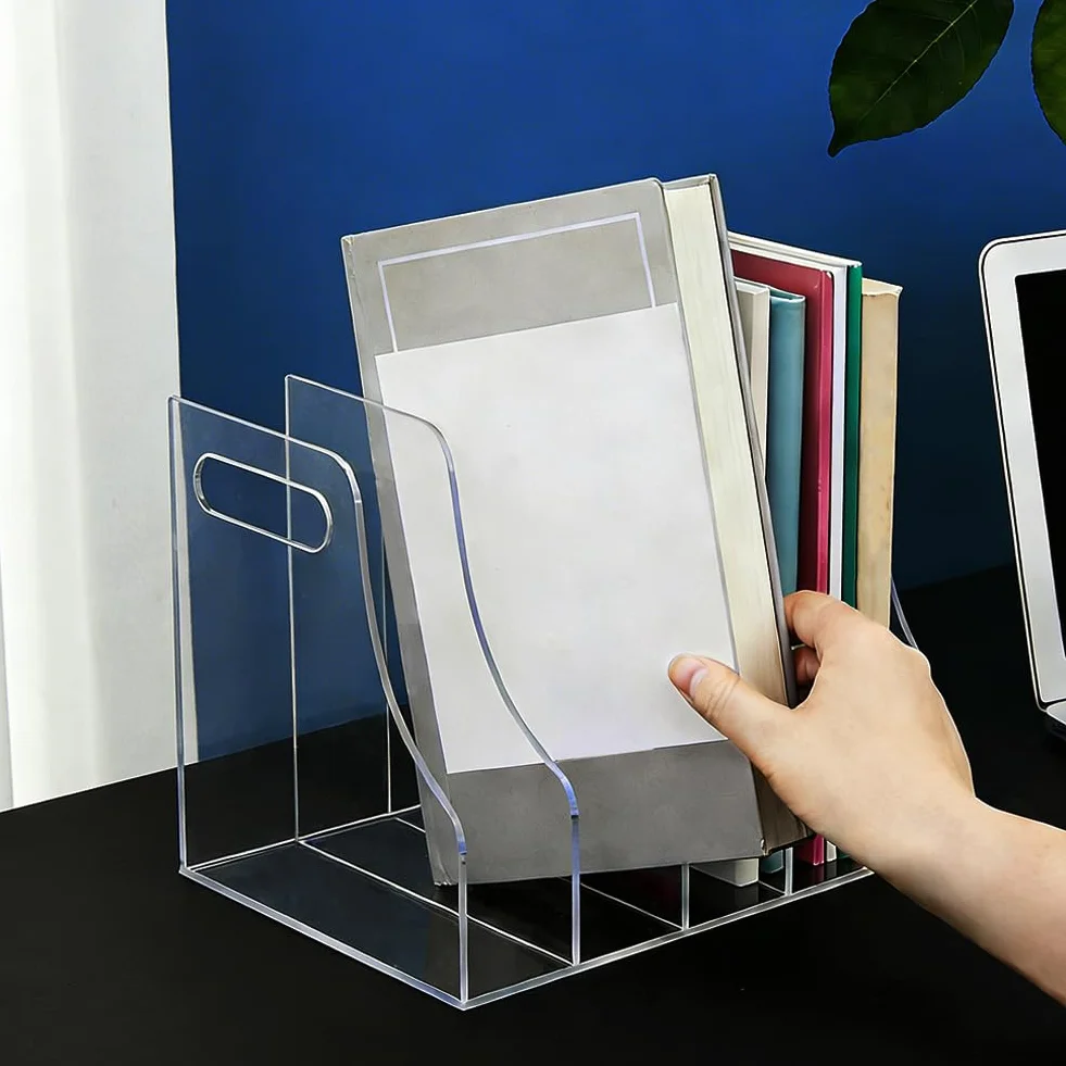 Organizador de escritorio de acrílico transparente PH PandaHall 4 compartimentos verticales para archivos y libros