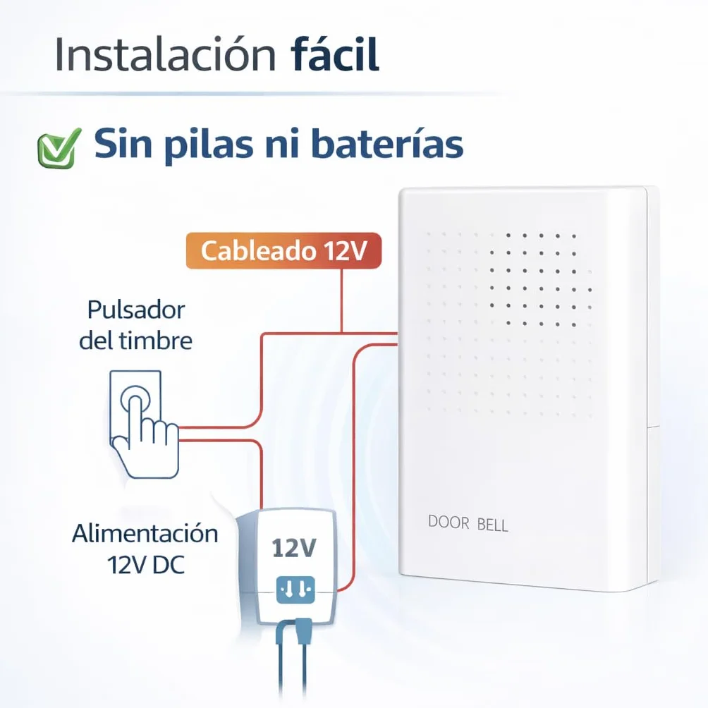 Timbre Eléctrico 12V Cableado para Puerta, Sonido Claro y Potente, Resistente Agua ABS, Hogar