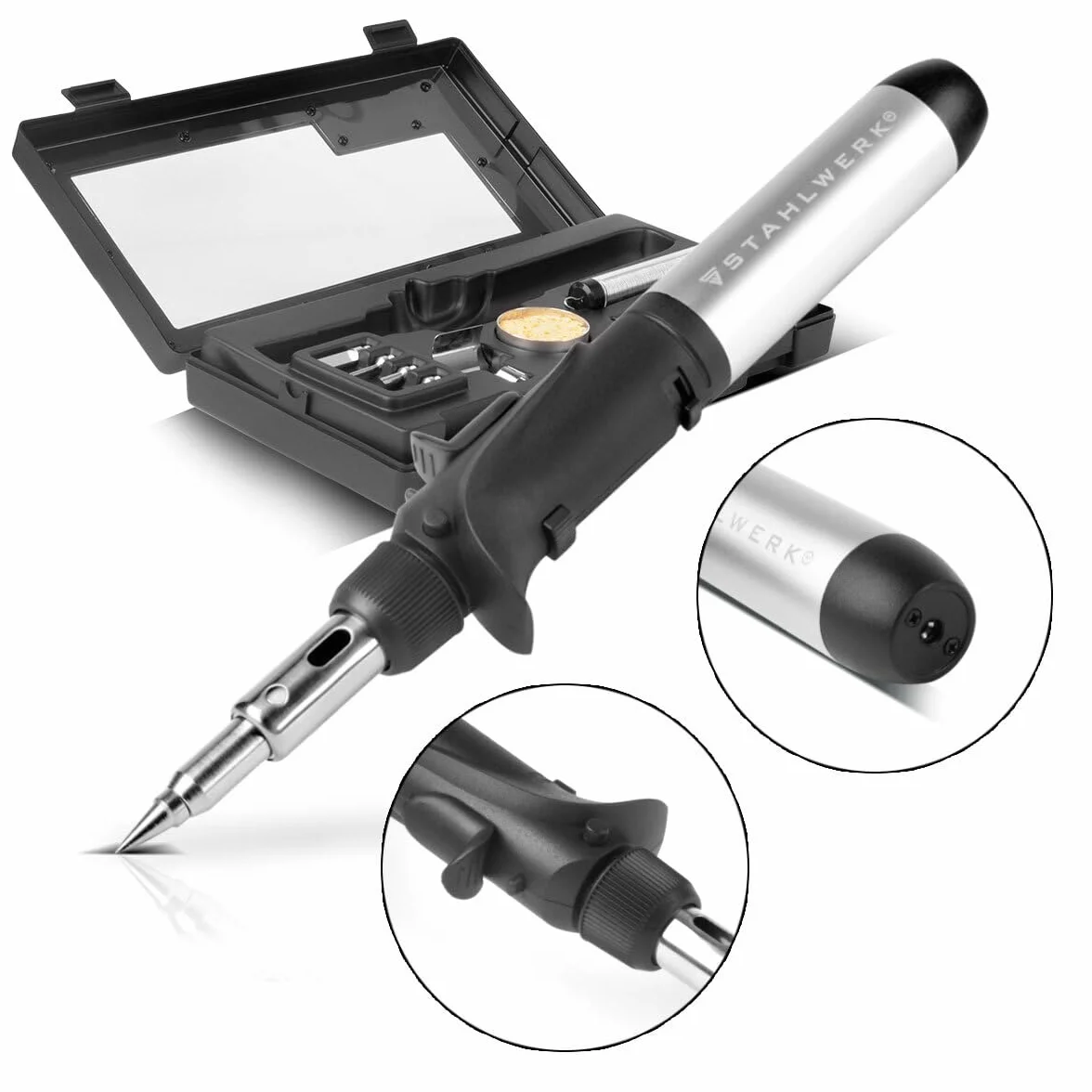 STAHLWERK soldador de gas GLK-500 ST Juego de soldadura de gas 3 en 1 de 10 piezas pistola de soldar con 200-500°C de temperatura de soldadura y boquilla de llama de 1.300°C para aire caliente