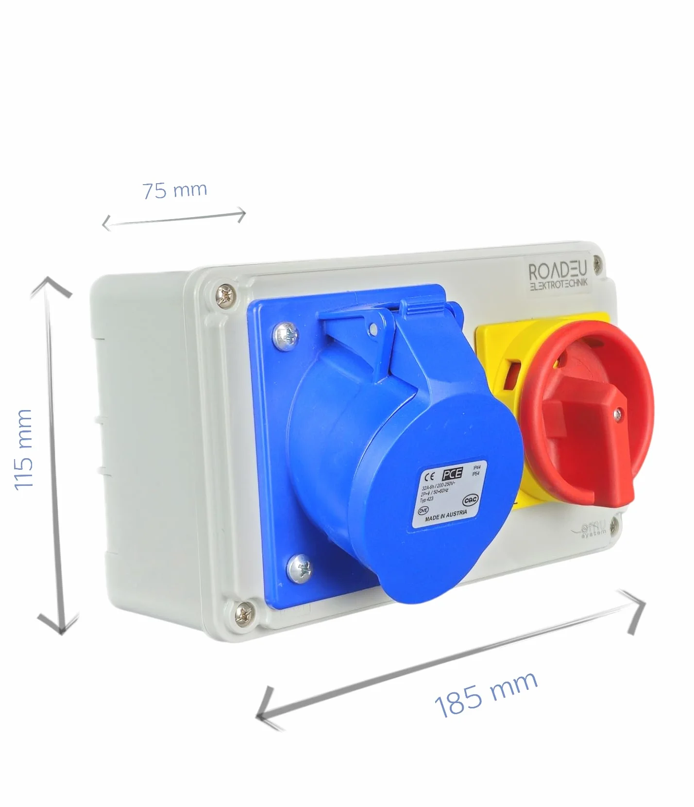RoadEu - Enchufe de pared CEE 32A 3P 230V con interruptor principal 0-1 - Distribuidor de corriente con bloqueo - IP44 resistente a la intemperie - para taller, jardín, garaje