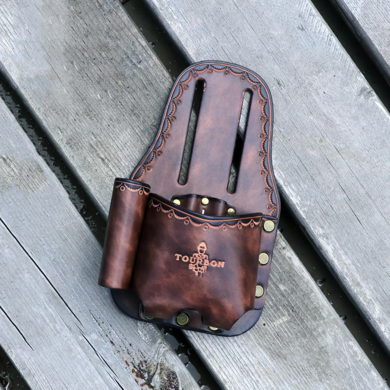 TOURBON - Soporte grande de piel auténtica para cinta métrica de cinturón, bolsa de herramientas con martillo, funda para cuchillos utilitarios, trabillas para lápices