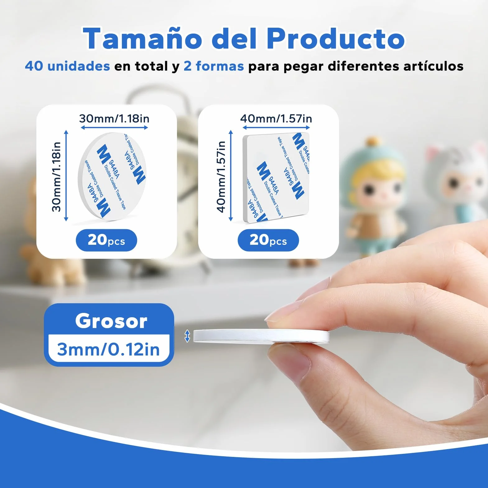 HOMMAND Cinta Adhesiva Doble Cara, 40 Piezas Almohadillas Extrafuerte, Espuma, Cuadrado y Redondo, Blanco