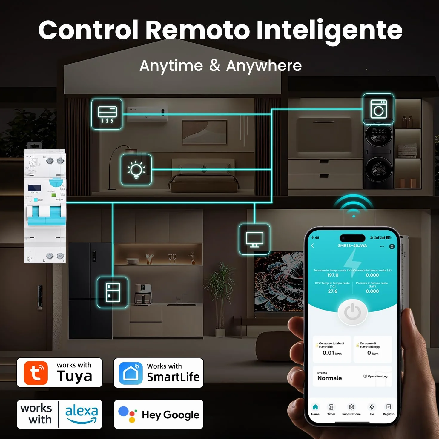 TONGOU Interruptor diferencial Superinmunizado WIFI/TUYA App， Auto Rearmable Disyuntor 1P+N，Rearme Automatico con Sobrecorriente y Fugas 1-40 A, 30-100 mA ajustable ，Clase AC 6Ka Carril Din RCBO