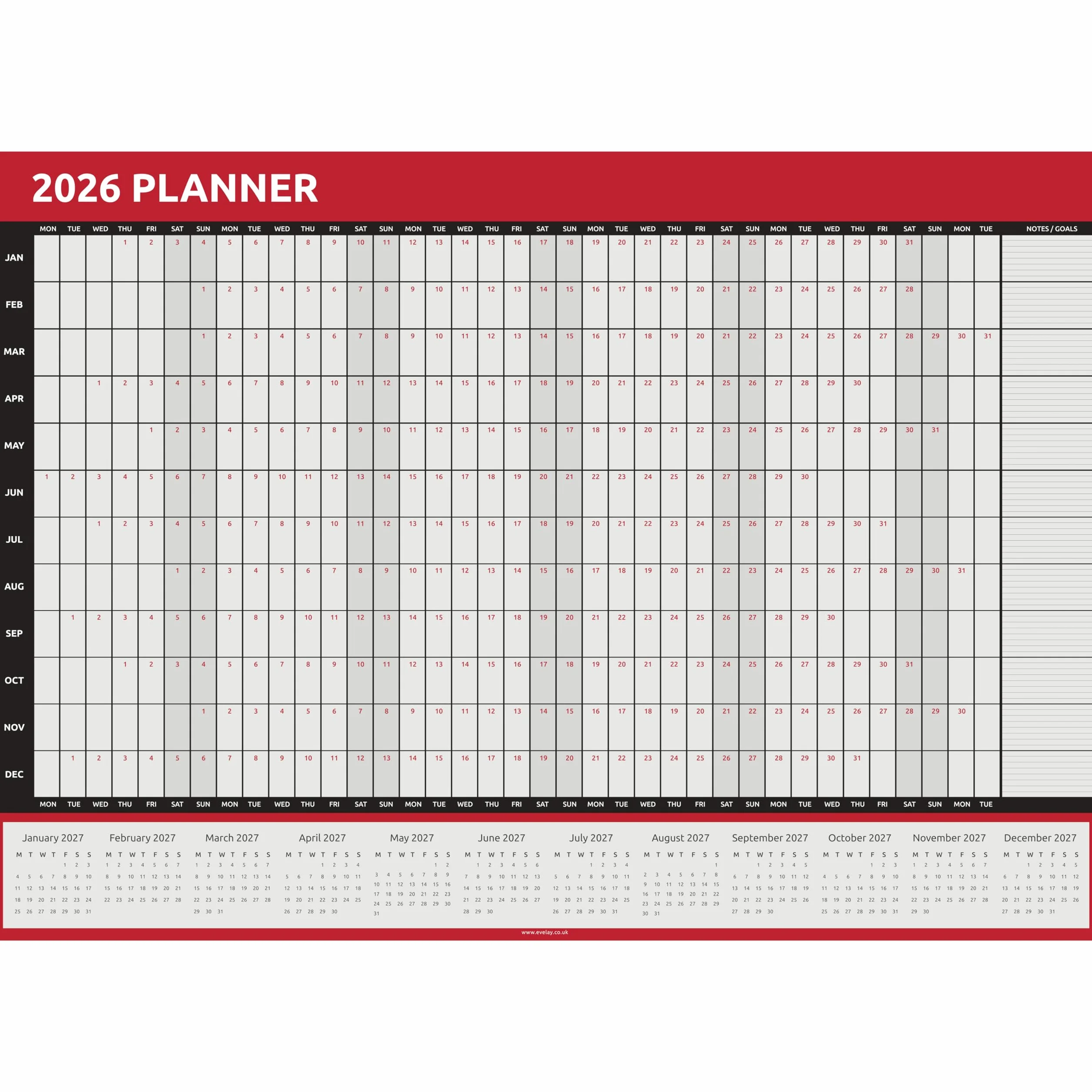 Calendario planificador de pared 2026 A1 84 x 59 cm vista anual rojo