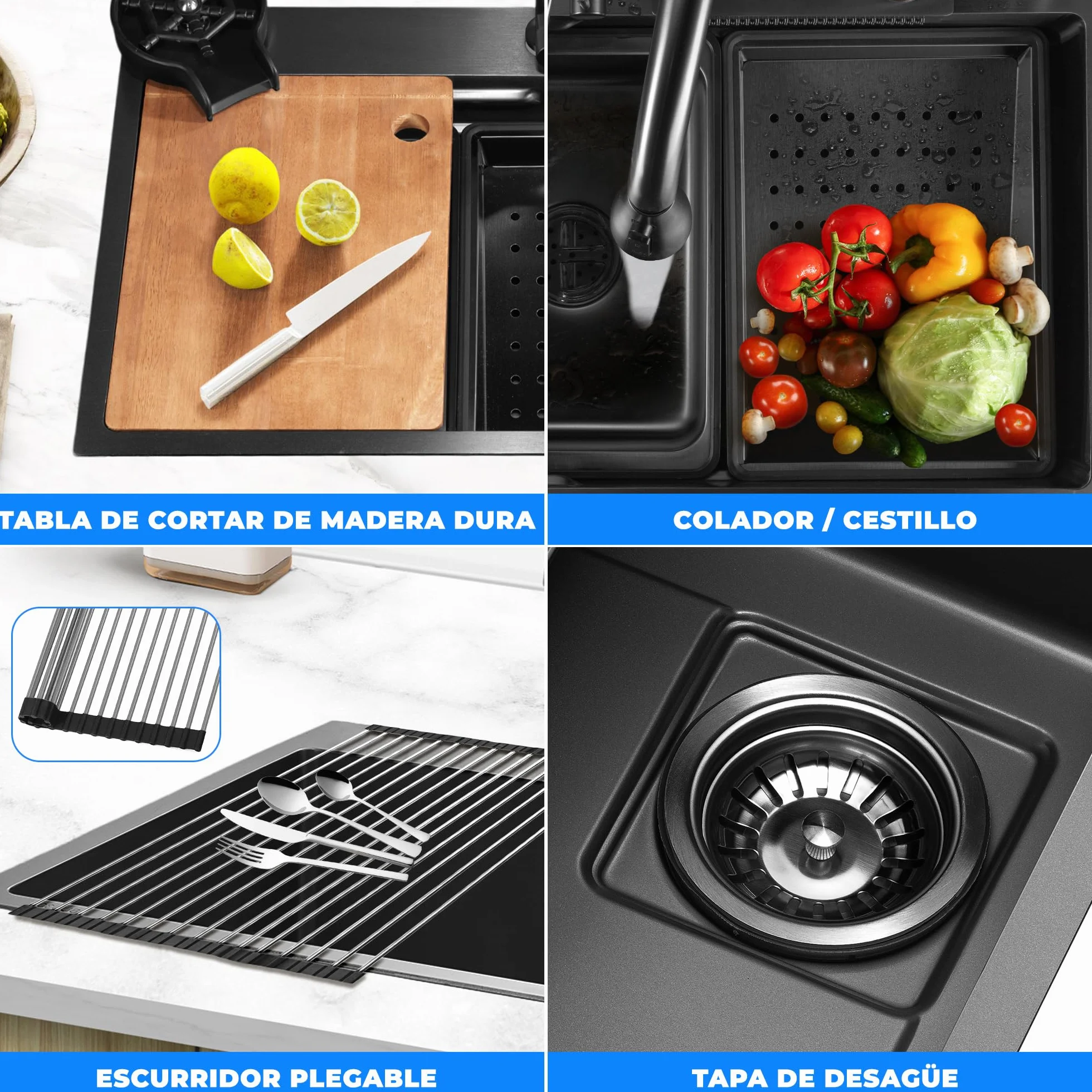 Serenelife fregadero cocina, Con grifo, Rejilla de drenaje, Canasta coladora, Tavla de cortar, Lavavasos, Acero inoxidable, Instalacion bajo o sobre encimera