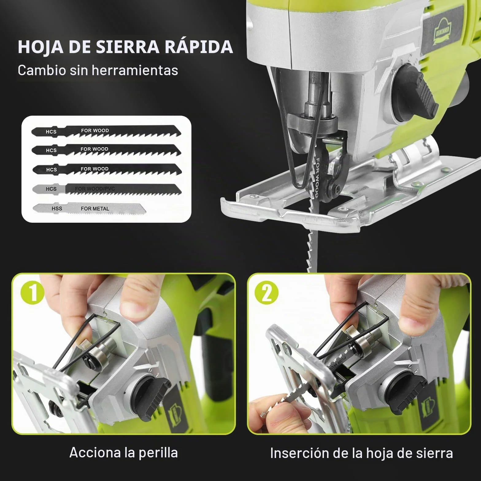 DEWINNER 20V Sierra de Calar inalámbrica,5 Hojas de Sierra,Luz LED,Corte en Bisel 45°,1 batería de 2,0 Ah, cargador y maletín en Caja