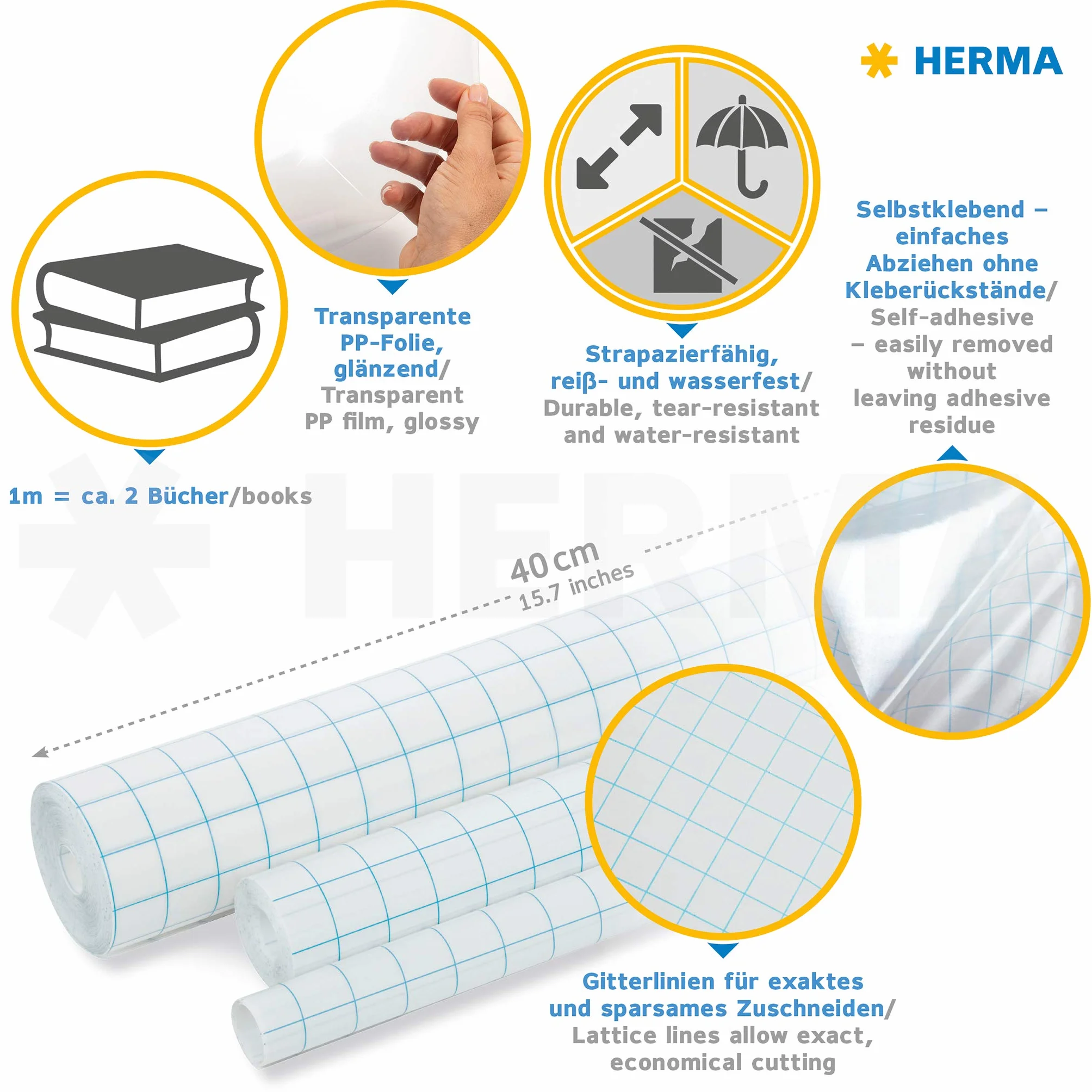 HERMA 7002 Forro para libros en rollo (2 m x 40 cm, autoadhesivo, brillante) transparente