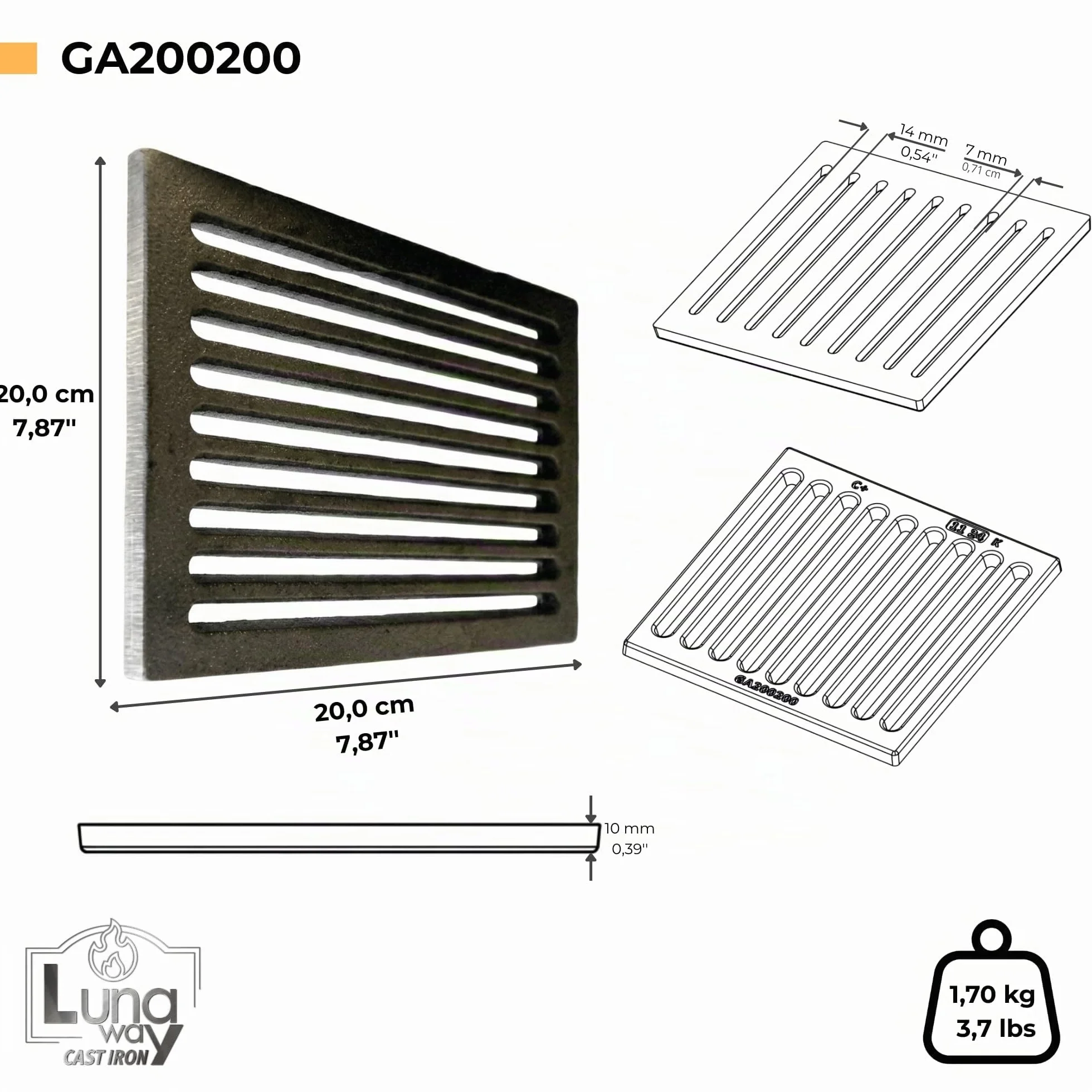 Rejilla para cenizas de hierro fundido | Optimiza el tiro de la chimenea y la estufa | Resistente a altas temperaturas | Fácil limpieza, Hierro fundido, 20 x 20 cm
