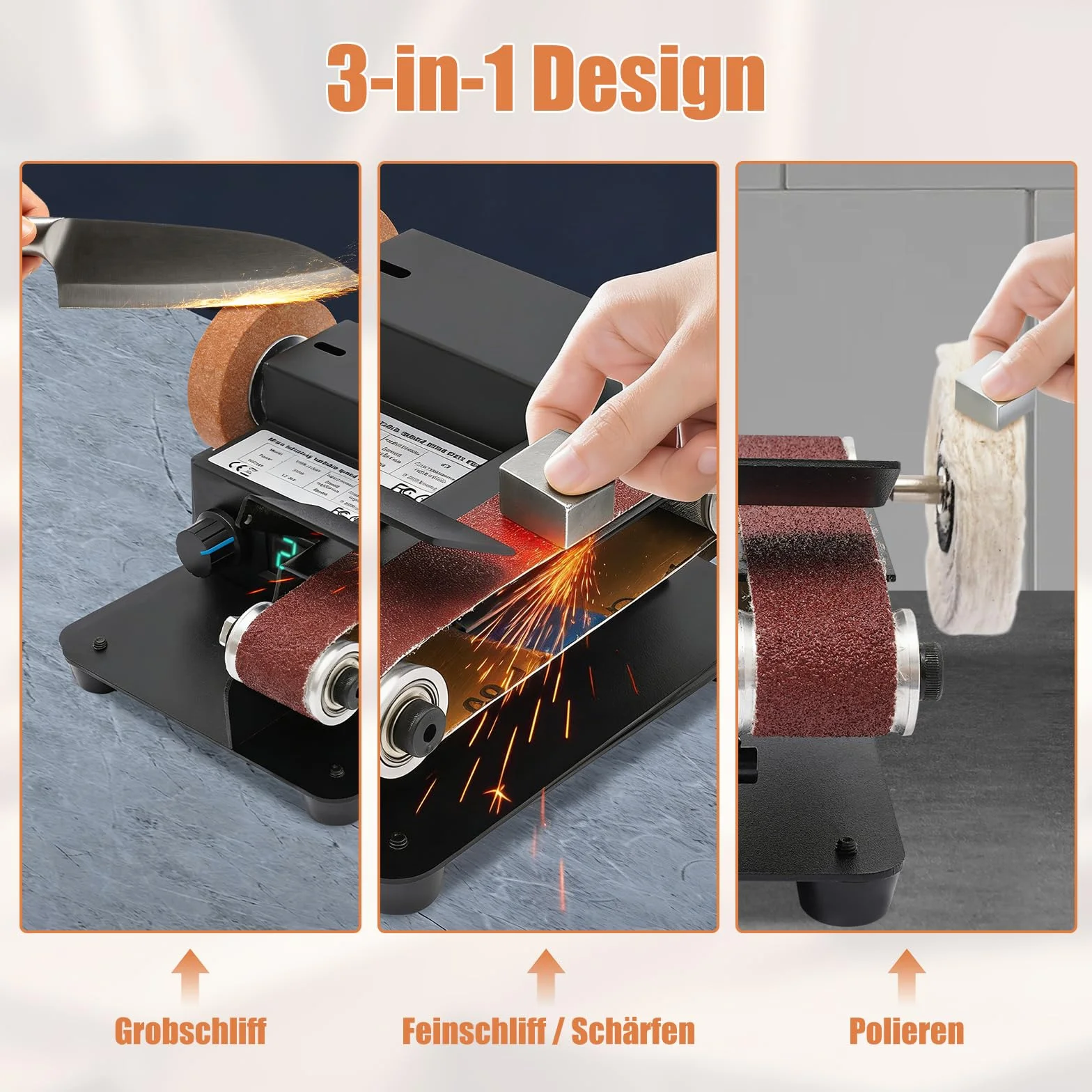 OUKANING Mini Band Sander 350W - Lijadora eléctrica para mesa con 0-10000 RPM, 7 velocidades de regulación de velocidad continua, incluye 10 bandas de lijado, disco abrasivo y accesorio de pulido como