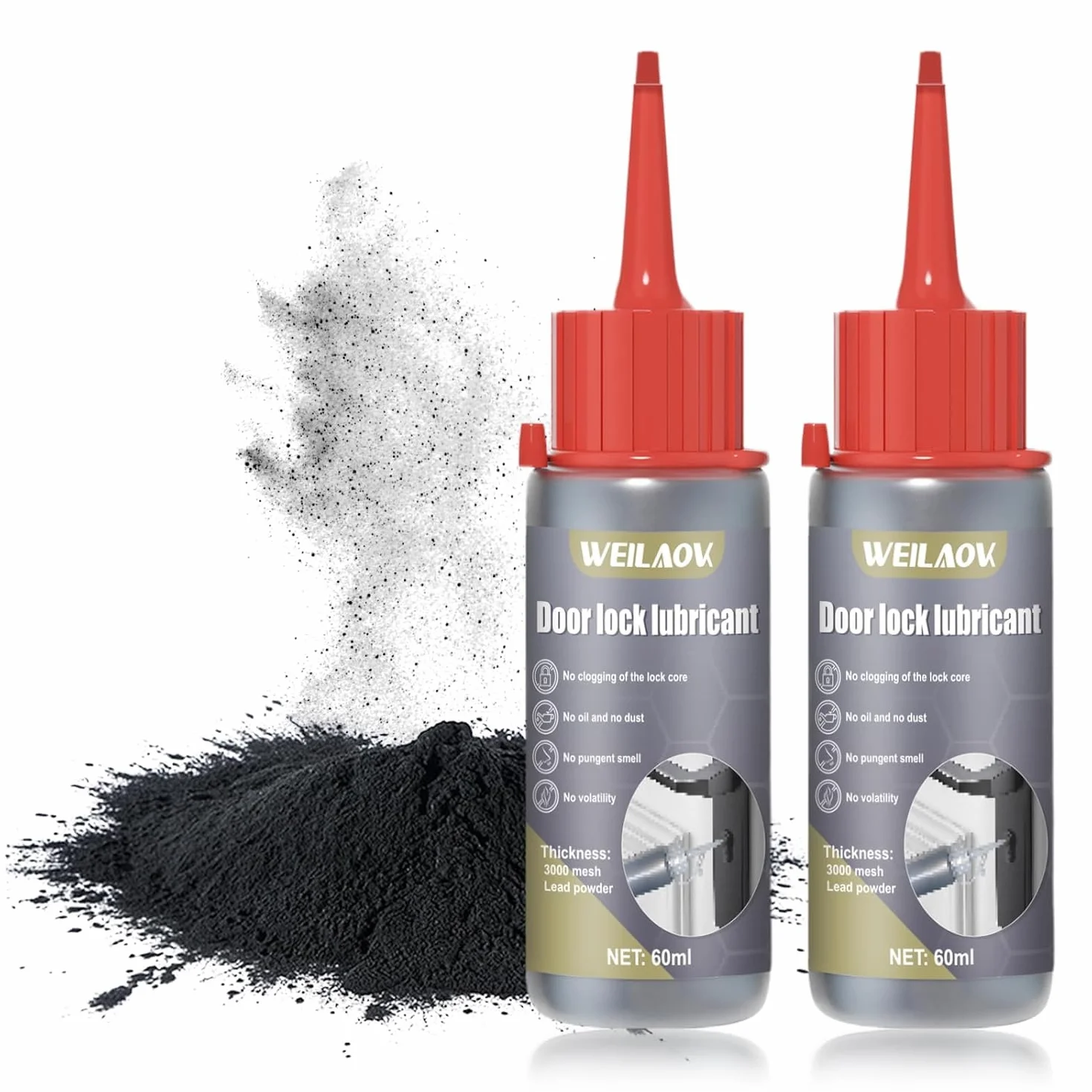 Grafito en Polvo, Grafito Cerraduras, Grasa Grafitada, Polvo de grafito para Lubricar Cerraduras de Puertas, Bisagras de Ventanas, Rieles de Puertas y Ventanas, etc, 60 ML*2 (Embalaje gris)