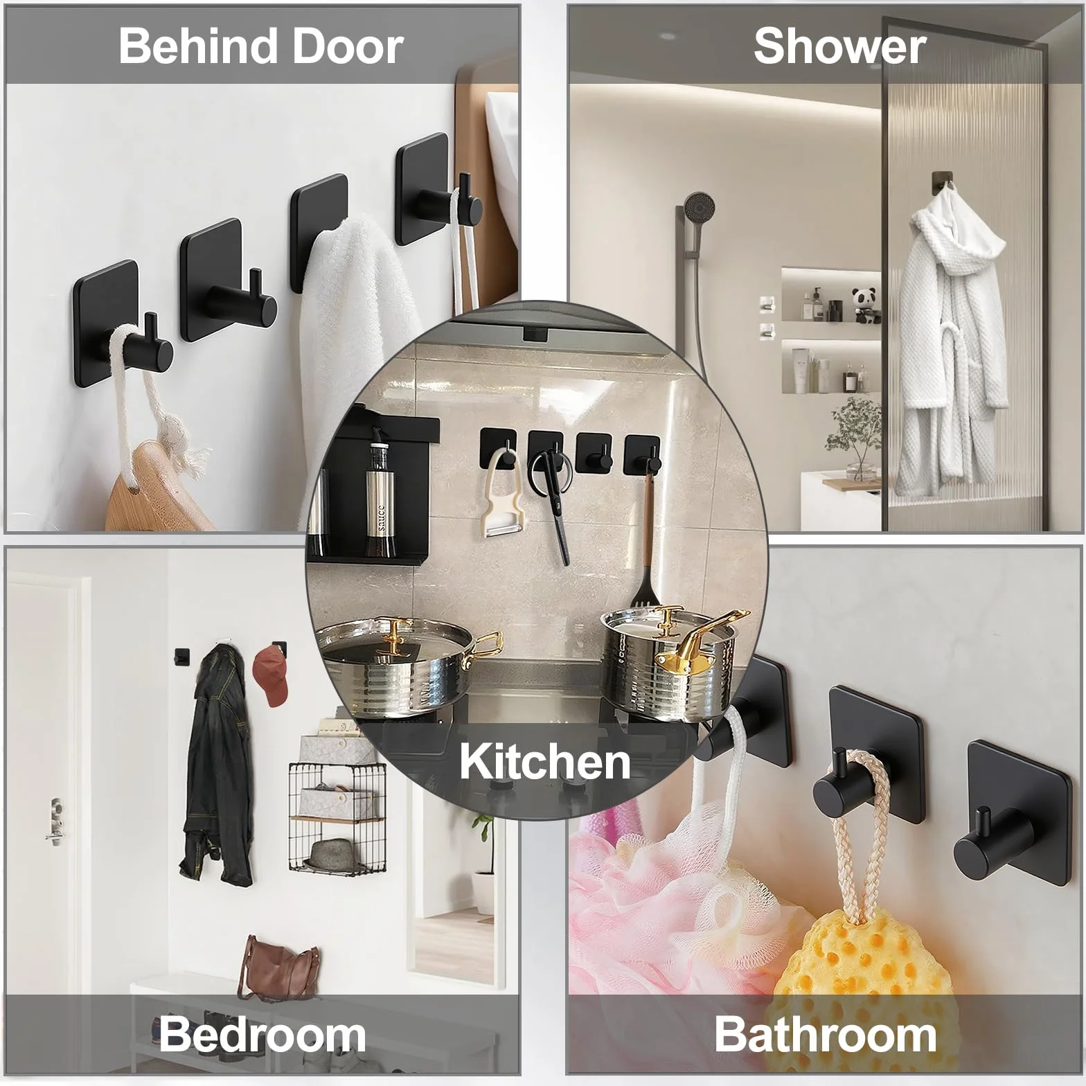 Ganchos Adhesivos para Pared Acero Inoxidable, 4 Piezas Negro, Colgadores Adhesivos, Autoadhesivo Colgador Toallas, Accesorios para Baño Extrafuertes y Sin Taladro, Multi-Uso para Llaves y Ropa
