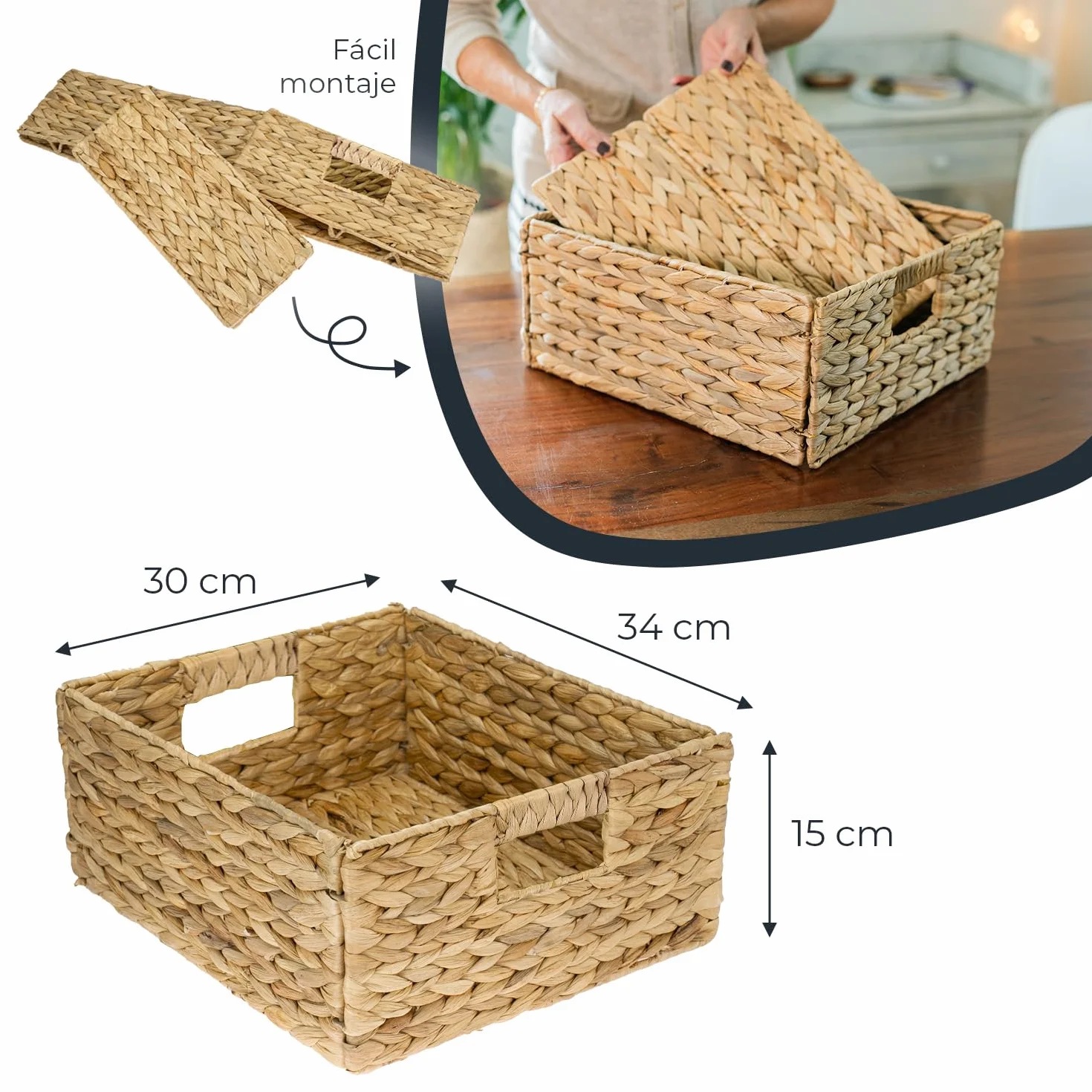 HMF cesta de almacenaje compatible con KALLAX medio compartimento, cesta tejida de jacinto de agua con asas Juego de 2 30x34x15 cm Natural