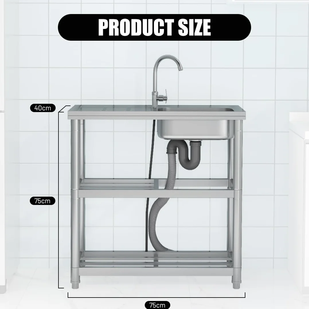 Lavabo independiente de acero inoxidable, lavabo libre con grifo, fregadero de cocina con superficies de apoyo, lavabo multifuncional con tubería de agua, lavabo de uso para lavadero, jardín