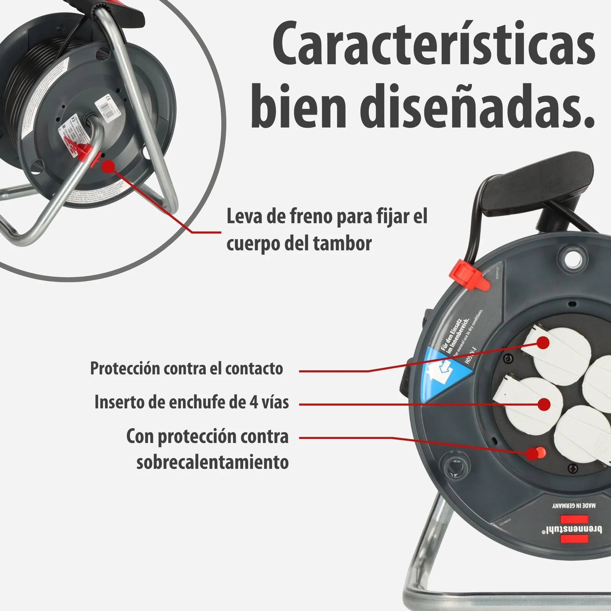 Brennenstuhl Garant V2 Enrollacables 25m cable (Fabricado en Alemania, 4 enchufes con conexión a tierra, protección contra sobrecalentamiento, cuerpo del tambor de plástico especial)