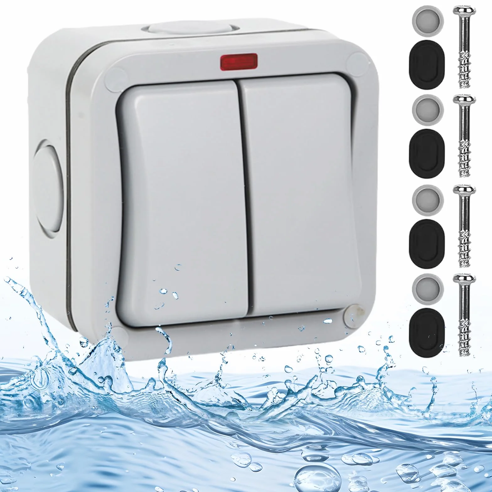 Sporgo Interruptor Universal Doble Resistente a la Intemperie - 20 A, IP66, Resistente al Agua Con Luz de Control - Gris Para Exterior, Jardín