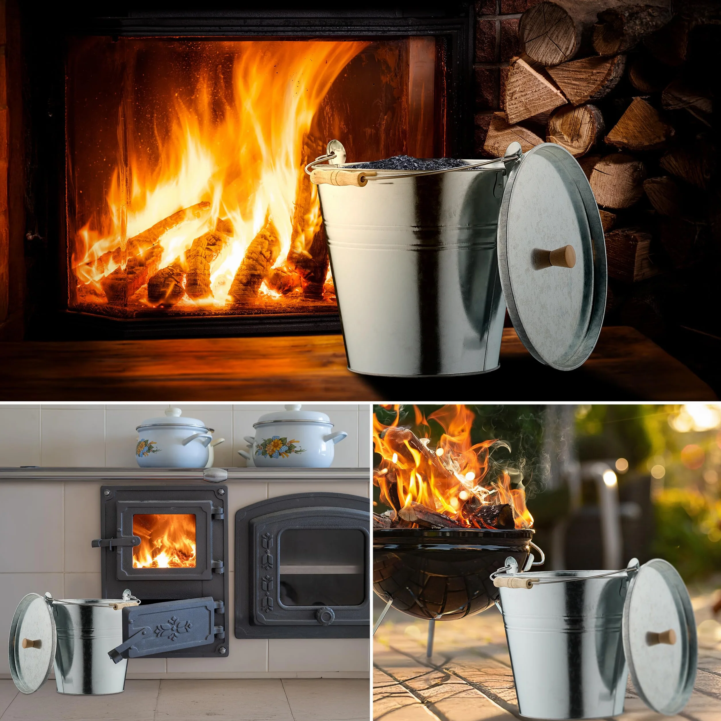 Relaxdays Cubo para Cenizas con Tapa, 12,5 L, Accesorio Chimenea, Estufa, Asa Madera, Almacenar Carbón, Acero, Plateado