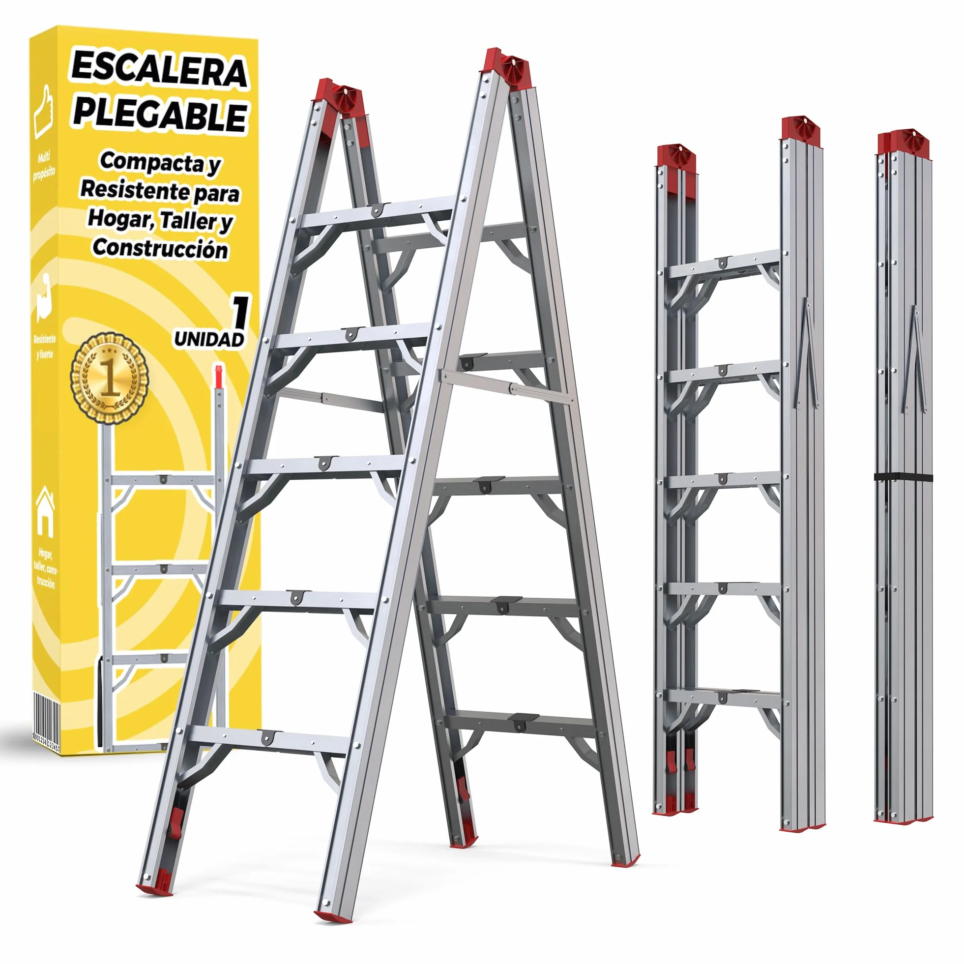 Escalera Plegable de Aluminio 5 Peldaños - Escaleras Plegables Aluminio 180 cm - Segura y Antideslizante para Hogar, Taller y Construcción - Plegado Compacto y Rápido para Espacios Reducidos