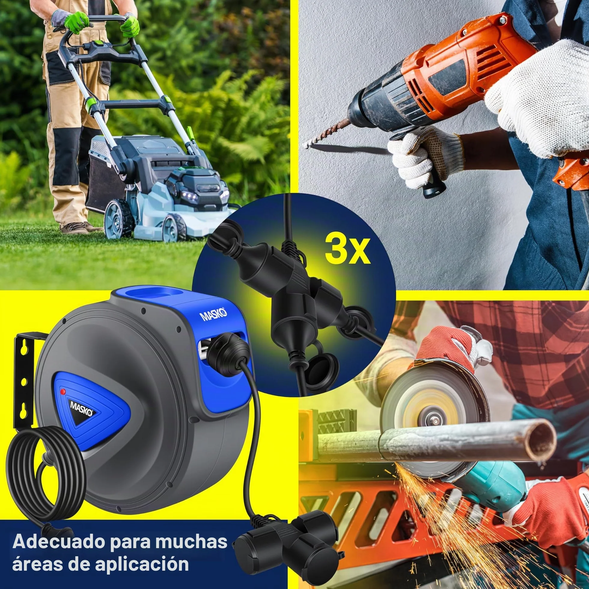 MASKO® Cable alargador automático de 20 m con conexión de 3 vías, giratorio 180°, cable de alimentación de 1,5 m, soporte de pared, enrollador de cables, enrollador de cables, incluye guantes