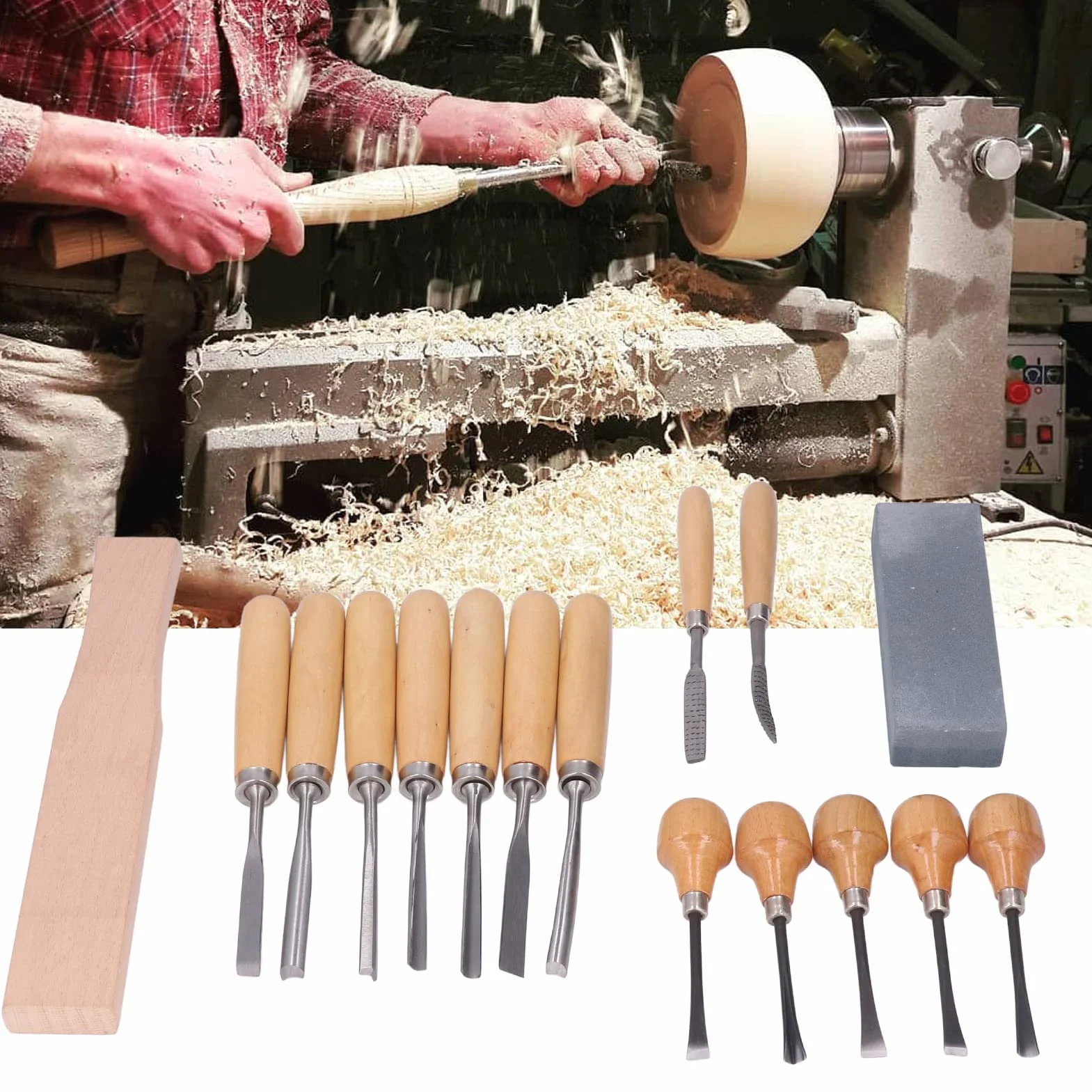 Juego de 16 Piezas de Herramientas para Tallar Madera - Kit de Cinceles y Gubias Profesionales con Mazo, Lima y Piedra de Afilar para Carpintería y Tallas