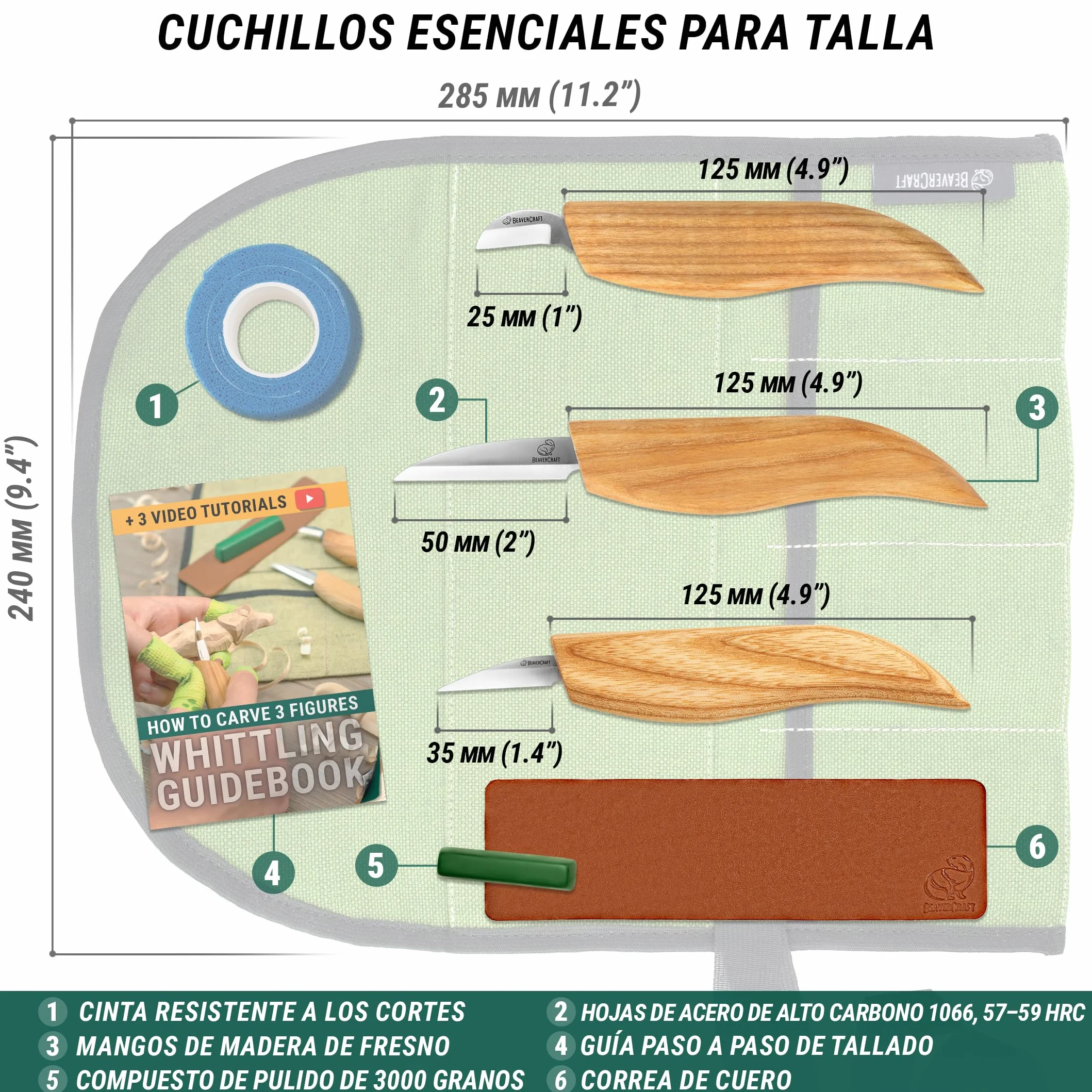 BeaverCraft S15 Kit Cuchillos Tallado Madera – Sloyd Detalle, Correa Cuero, Compuesto Pulido