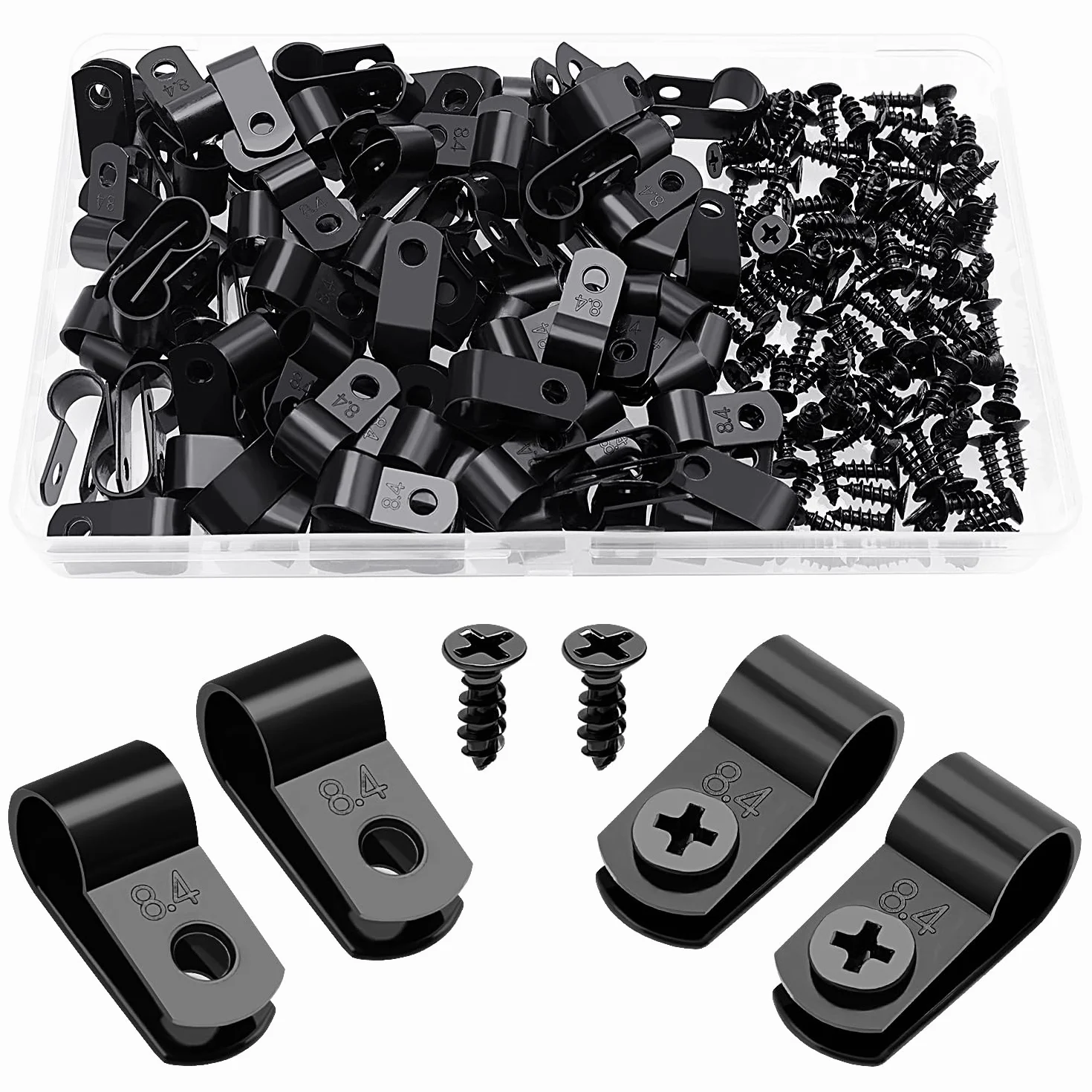 VooGenzek 100 Piezas 8.4mm (5/16 Pulgada) Clips de Cable de Nailon Tipo R, Abrazaderas de Cable Tipo R con 100 Piezas de Tornillos, para Gestión de Cables (Negro)