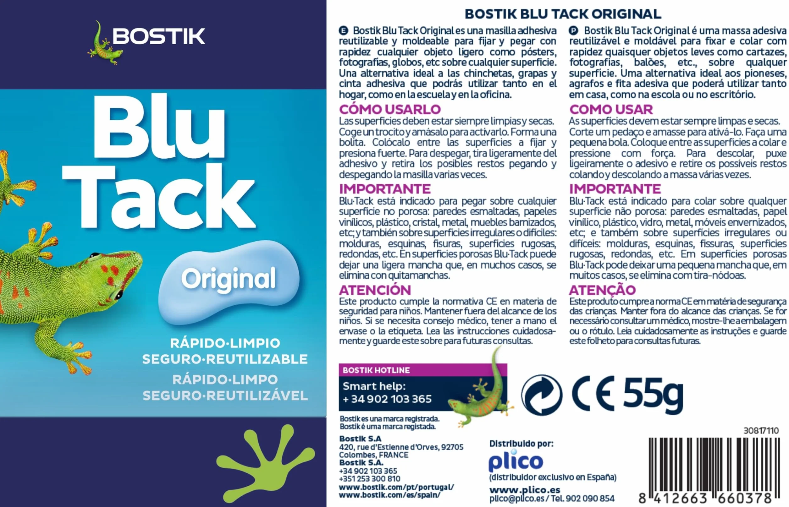 BOSTIK Blu Tack Original Azul Masilla Adhesiva Moldeable Reutilizable 57 g