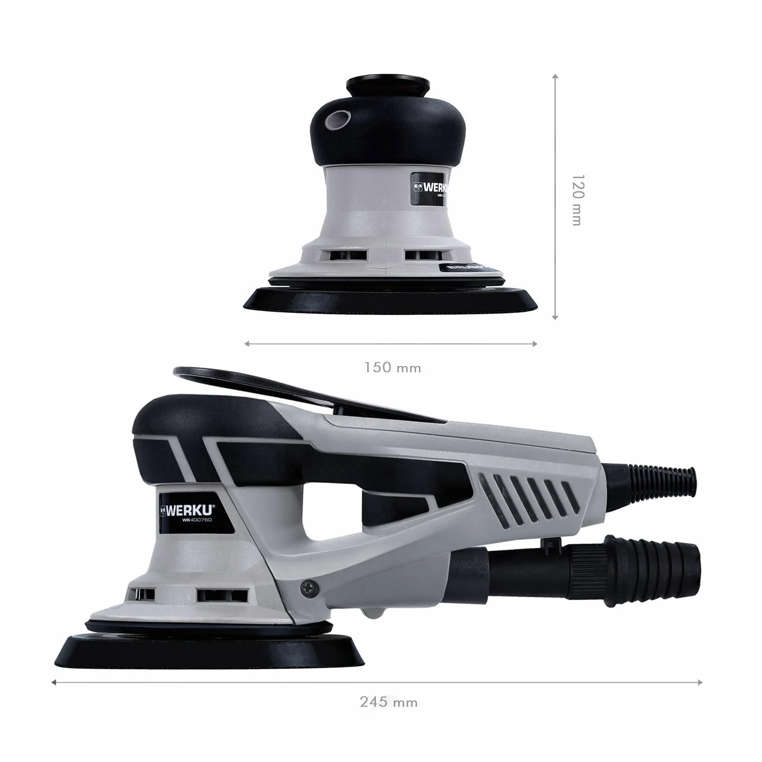 Werku WK400750, Lijadora Circular Rotorbital, Calidad Profesional, Motor Brushless, Potencia 350 W, Disco 150 mm, Órbita 5 mm, Incluye Disco Lijado y Manguera Aspiración