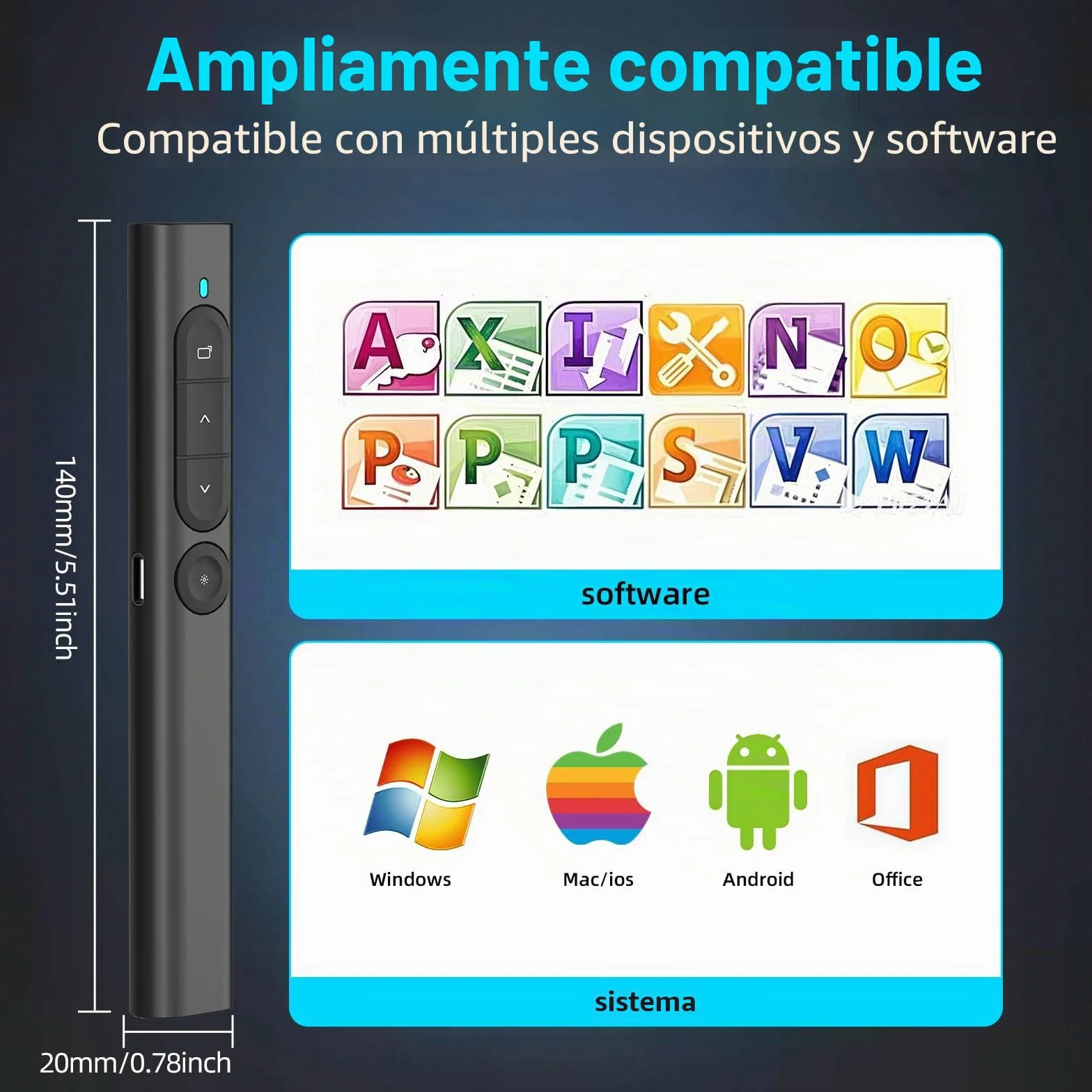 elzle Presentador Inalámbrico para PowerPoint, Control Remoto con de Hipervínculo y Regulador de Volumen, Compatible con Mac, PC y Portátiles, para Reuniones y Conferencias - Negro