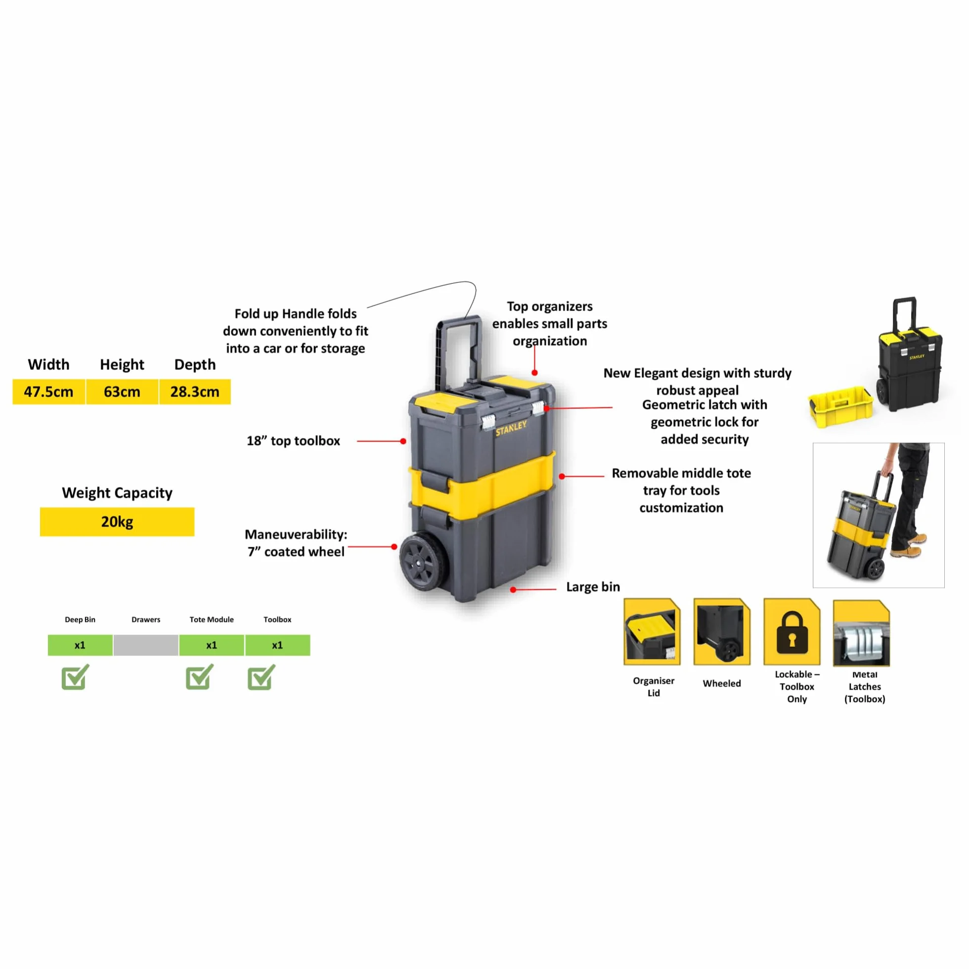 STANLEY Caja de Herramientas Rodante Esencial, Taller Móvil 3 en 1 con Unidades Apilables, Solución Portátil para Herramientas, STST1-80151.