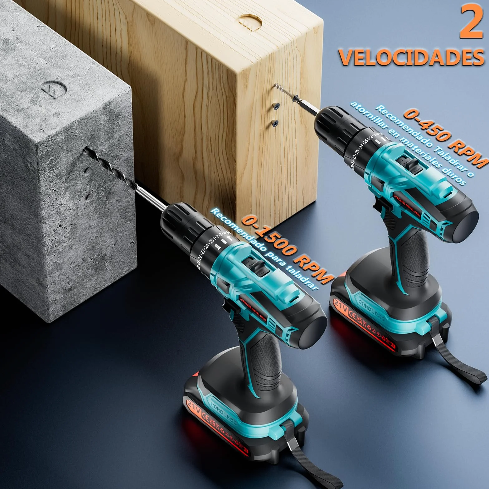 Taladro Percutor a Bateria 21V, Taladro Atornillador Bateria con 4000mAh Baterías, 45 Nm, 25+3 Ajuste Par (2 Velocidad y LED) Drill Adecuado para bricolaje en casa y jardín (Azul)