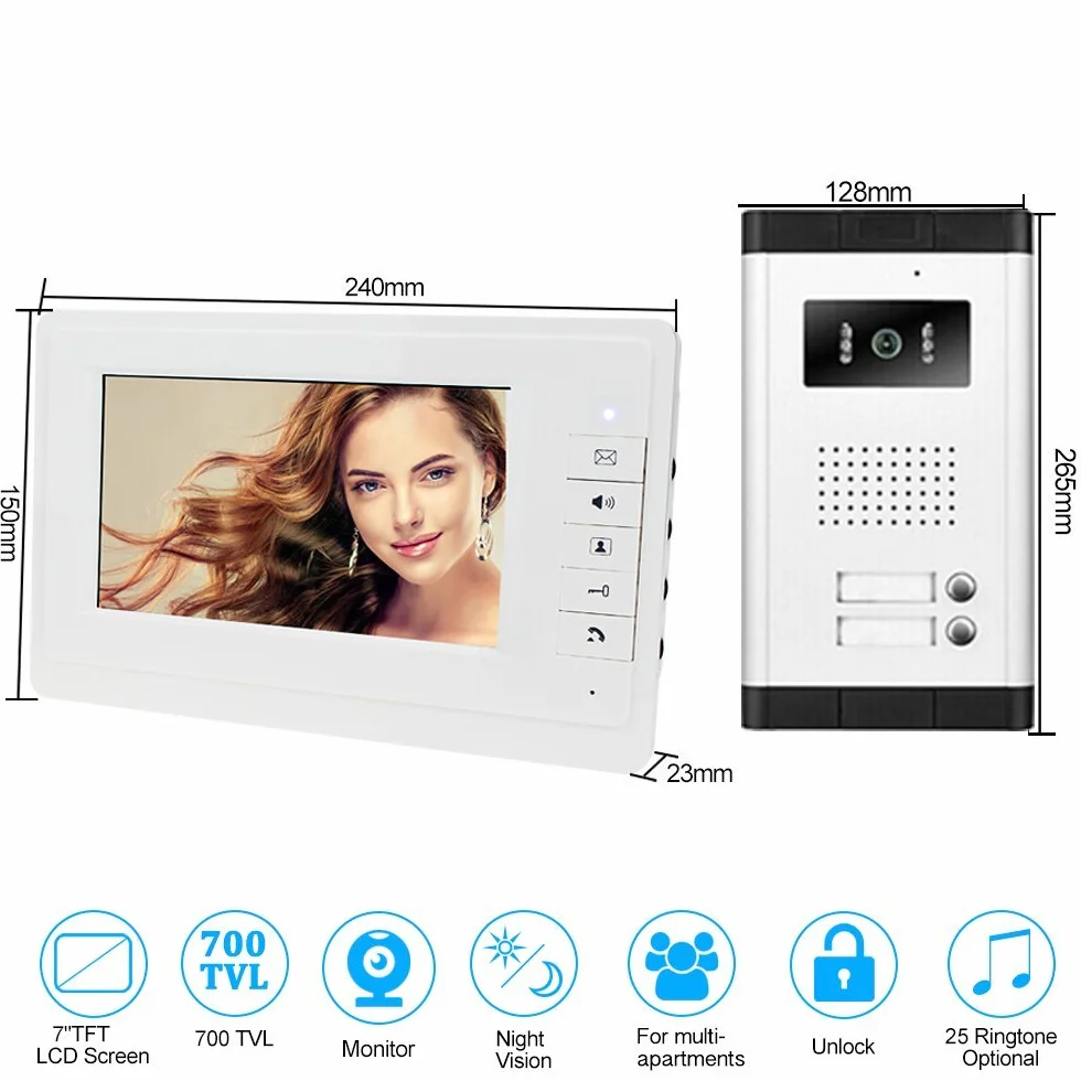 7 '' de intercomunicación Video Portero Puerta Sistema Kit 700TVL IR Visión Nocturna Exterior cámara para 2 Apartamentos