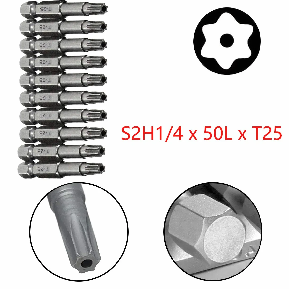 COMOK T8/T10/T15/T20/T25/T30 - Juego de 10 puntas de destornillador magnéticas de cabeza de torx de 50 mm de largo